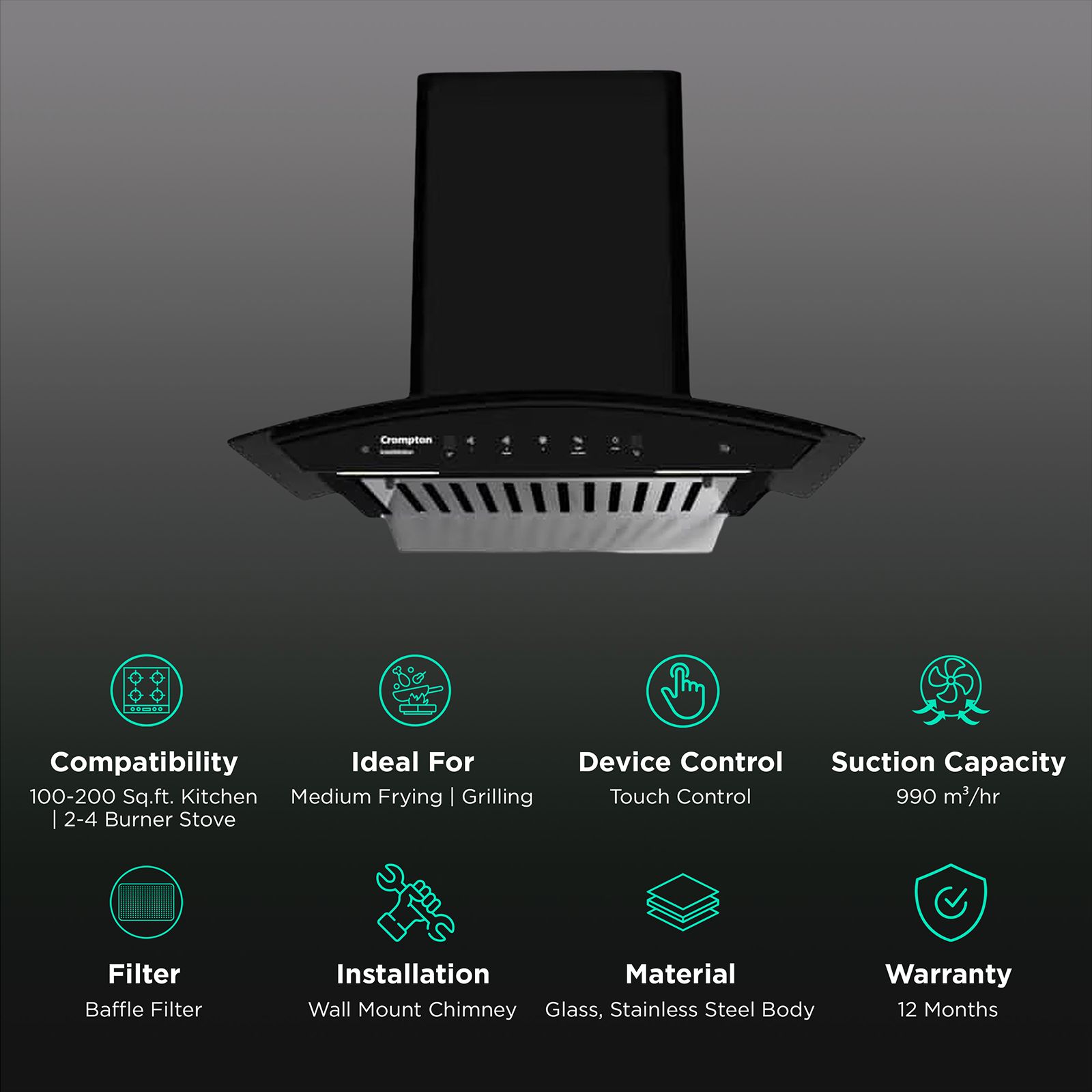 Crompton IntelliMotion 60cm 990m3/hr Ducted Auto Clean Wall Mounted Chimney with Gesture Control (Midnight Black) Crompton IntelliMotion 60cm 990m3/hr Ducted Auto Clean Wall Mounted Chimney with Gesture Control (Midnight Black)_3
