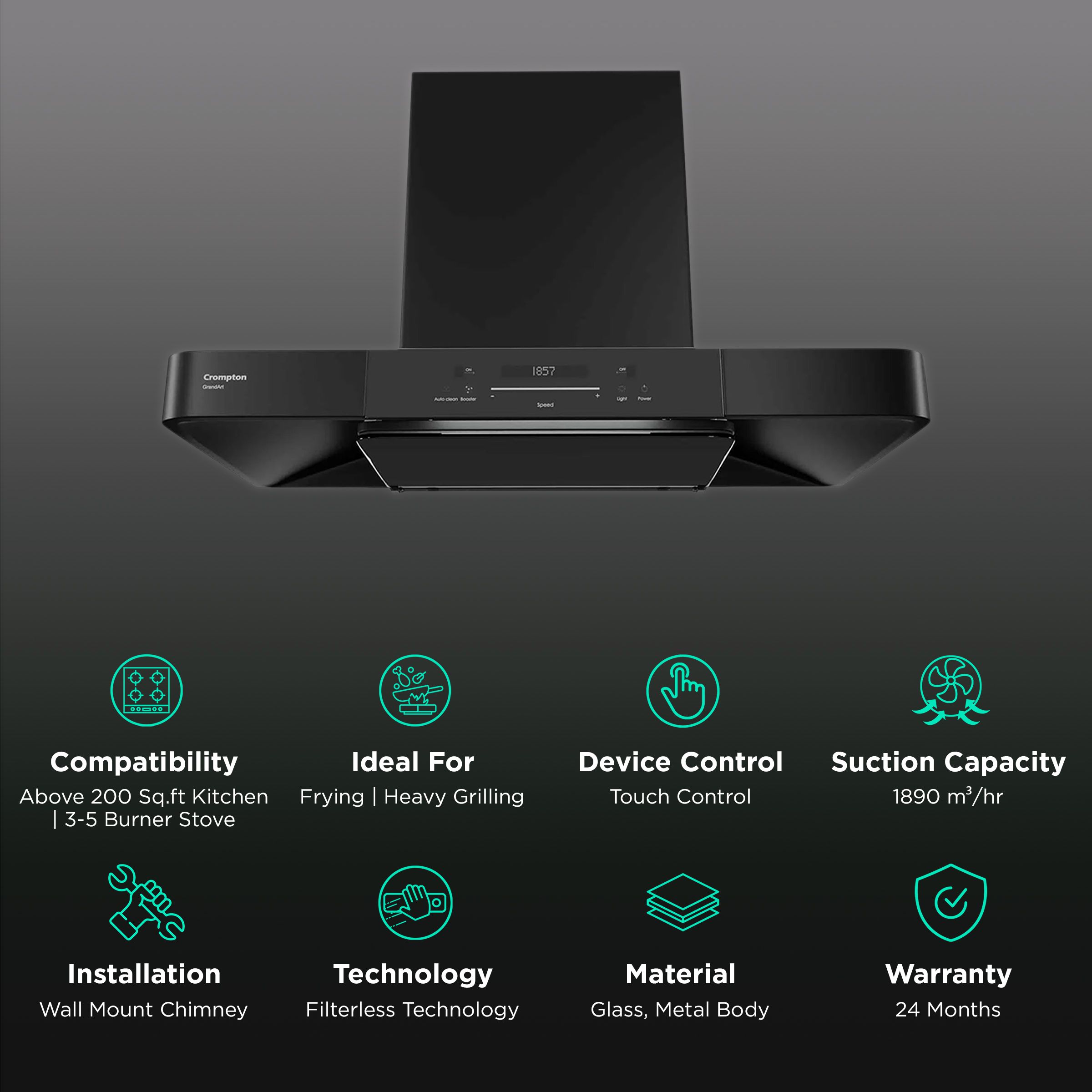 Crompton GrandArt 90cm 1890m3/hr Ducted Auto Clean Wall Mounted Chimney with Touch Control Panel (Midnight Black) Crompton GrandArt 90cm 1890m3/hr Ducted Auto Clean Wall Mounted Chimney with Touch Control Panel (Midnight Black)_3