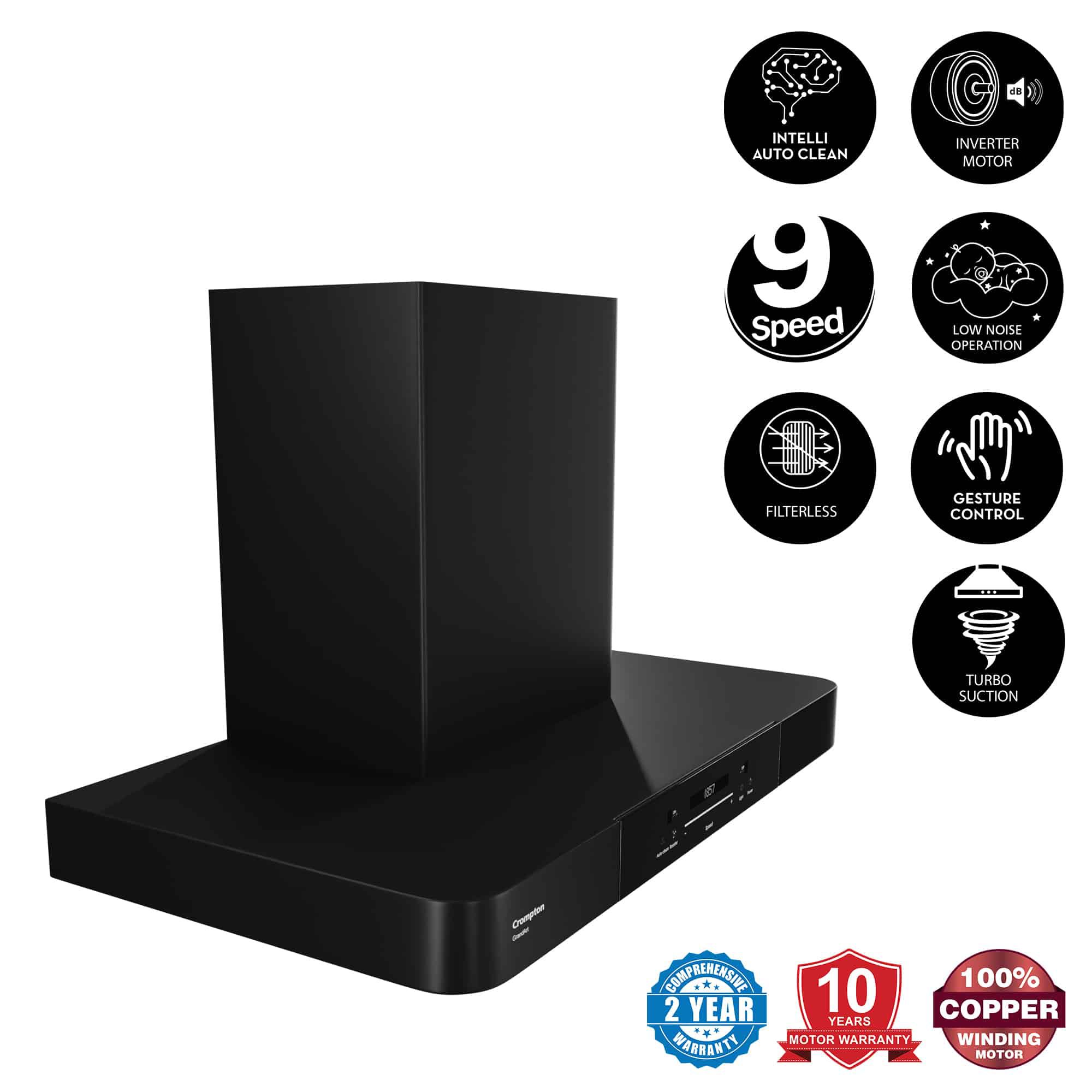 Crompton GrandArt 90cm 1890m3/hr Ducted Auto Clean Wall Mounted Chimney with Touch Control Panel (Midnight Black) Crompton GrandArt 90cm 1890m3/hr Ducted Auto Clean Wall Mounted Chimney with Touch Control Panel (Midnight Black)_6