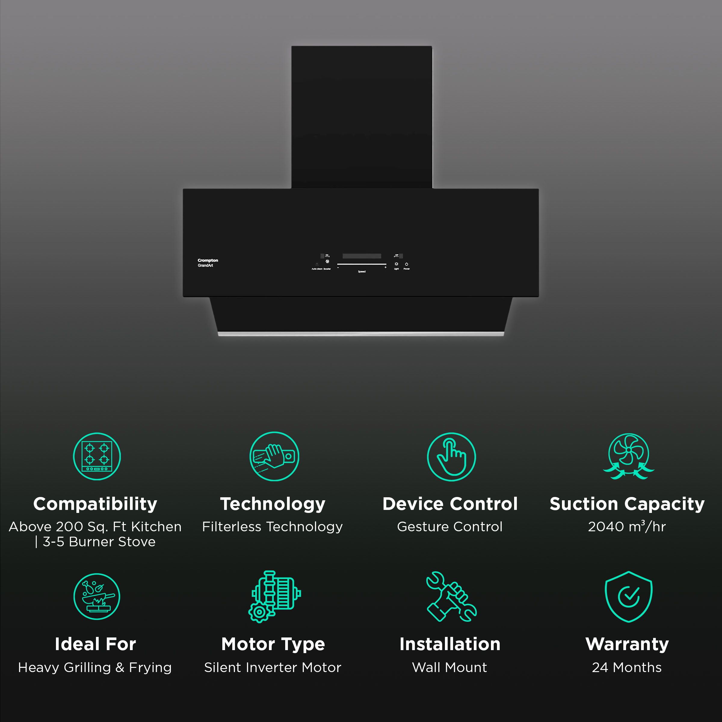 Crompton GrandArt 90cm 2040m3/hr Ducted Auto Clean Wall Mounted Chimney with Touch Control Panel (Midnight Black)_3