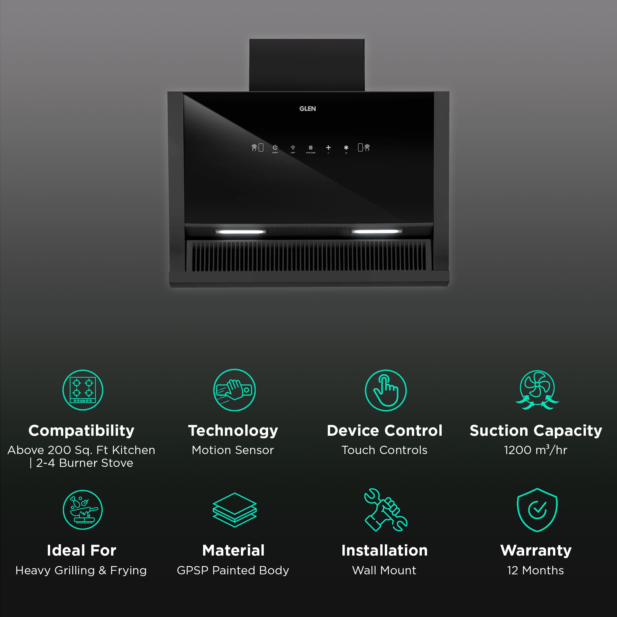 GLEN 6072 SX BL MS 60cm 1200m3/hr Ducted Auto Clean Wall Mounted Chimney with Touch Control Panel (Black)_3