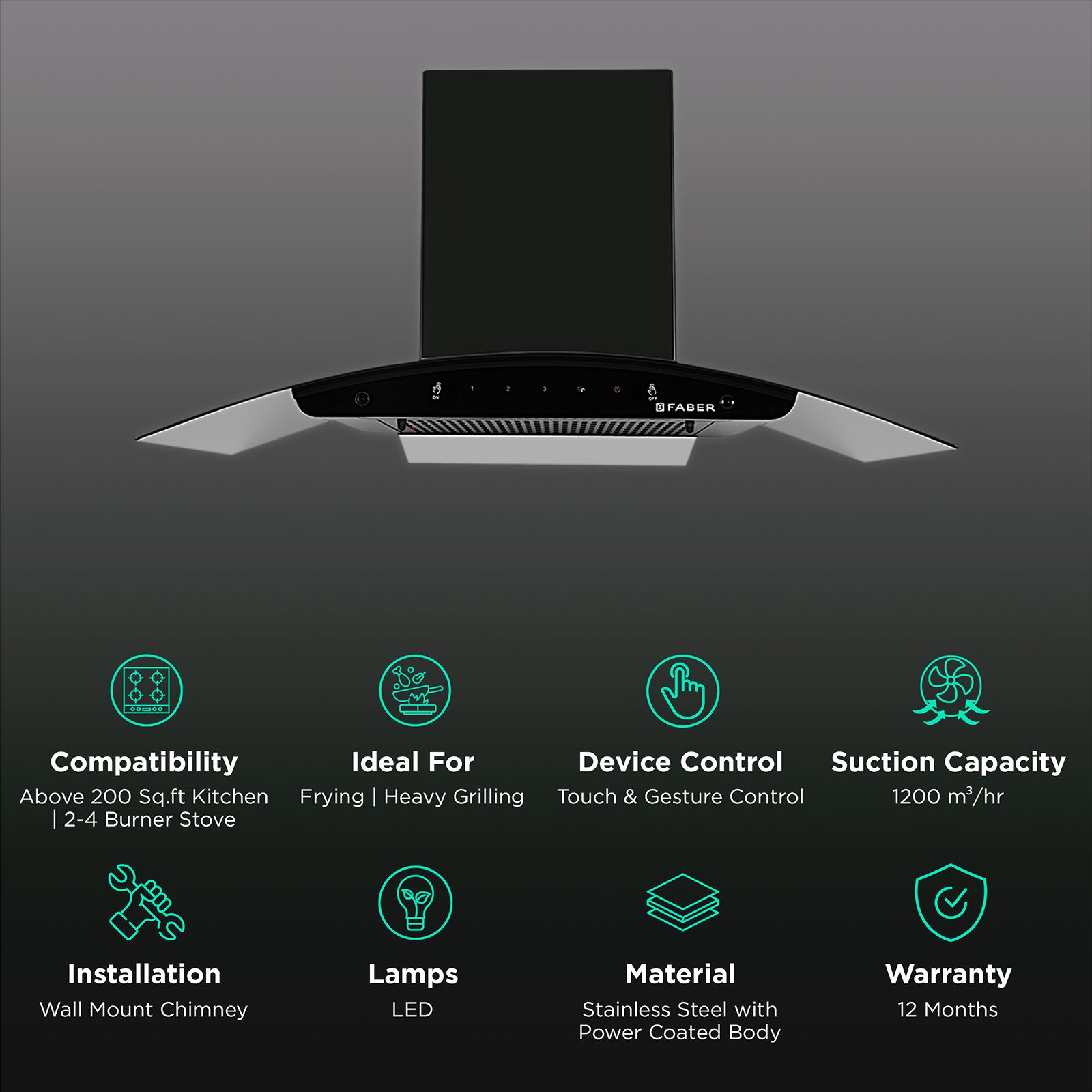 FABER FLORENCE FL SC AC BK 60cm 1200m3/hr Ducted Auto Clean Wall Mounted Chimney with Touch & Gesture Control (Black) FABER FLORENCE FL SC AC BK 60cm 1200m3/hr Ducted Auto Clean Wall Mounted Chimney with Touch & Gesture Control (Black)_3