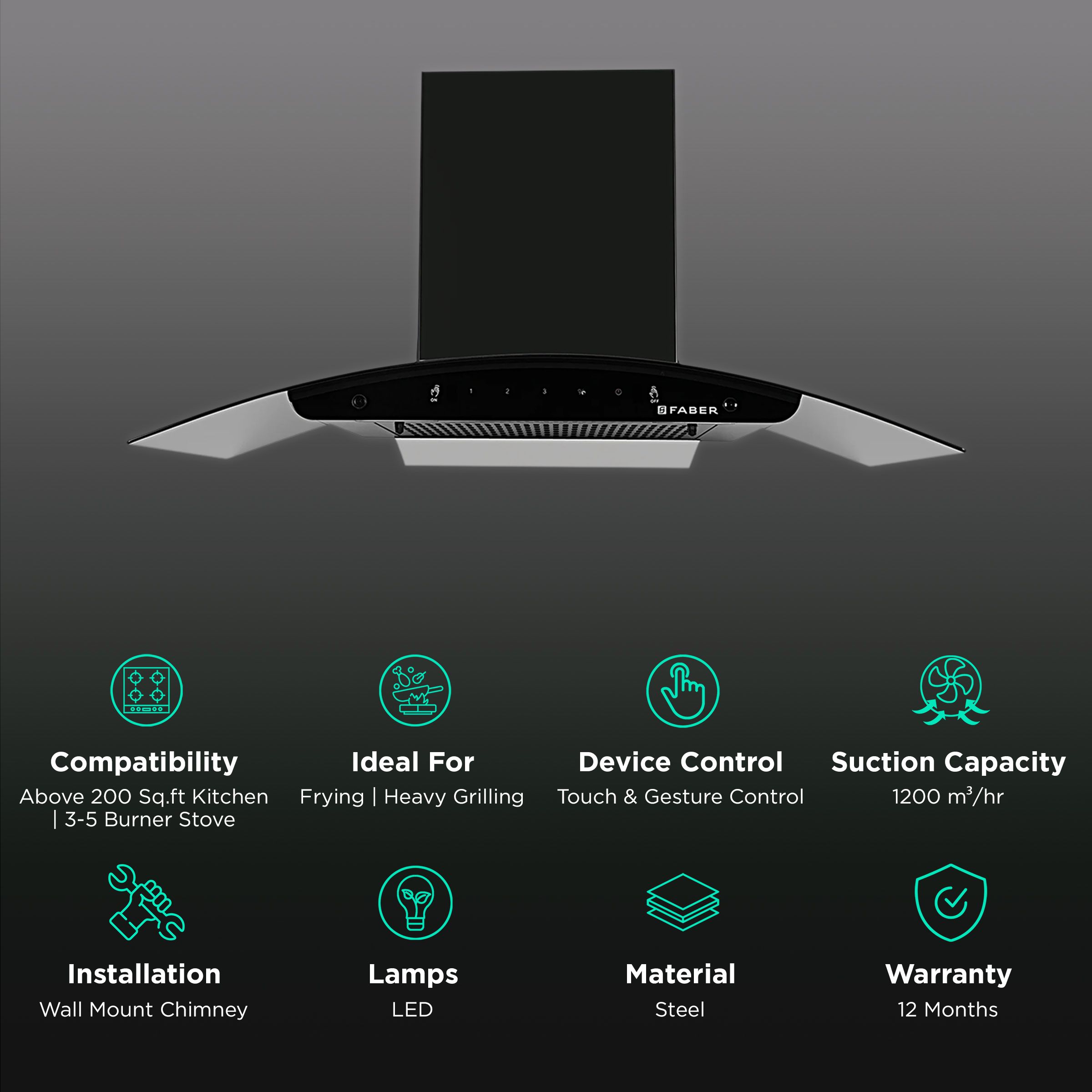 FABER FLORENCE FL SC AC BK 90cm 1200m3/hr Ducted Auto Clean Wall Mounted Chimney with Touch & Gesture Control (Black) FABER FLORENCE FL SC AC BK 90cm 1200m3/hr Ducted Auto Clean Wall Mounted Chimney with Touch & Gesture Control (Black)_3