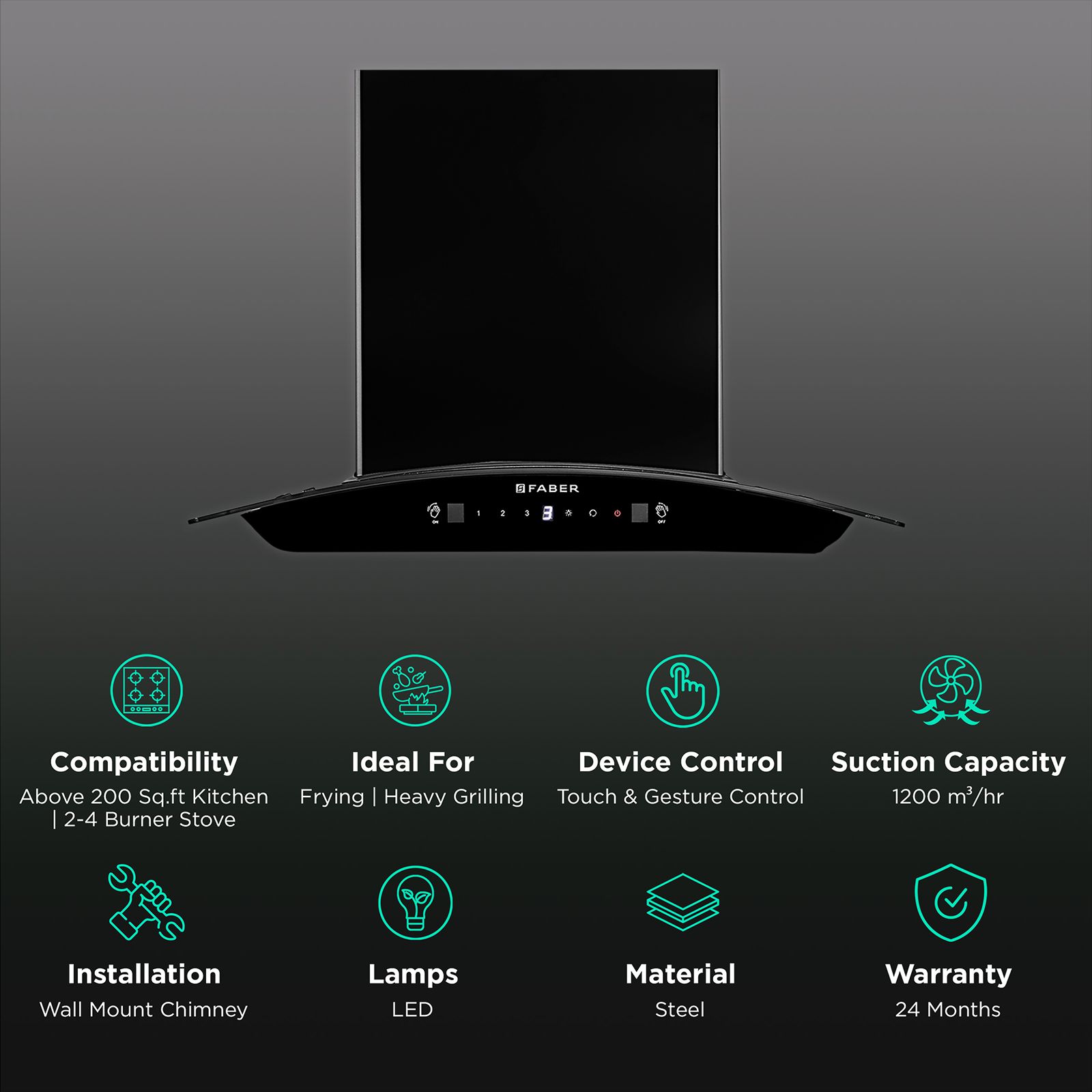 FABER SUNNY IN HC SC FL LG 60cm 1200m3/hr Ducted Auto Clean Wall Mounted Chimney with Touch & Gesture Control (Black) FABER SUNNY IN HC SC FL LG 60cm 1200m3/hr Ducted Auto Clean Wall Mounted Chimney with Touch & Gesture Control (Black)_3