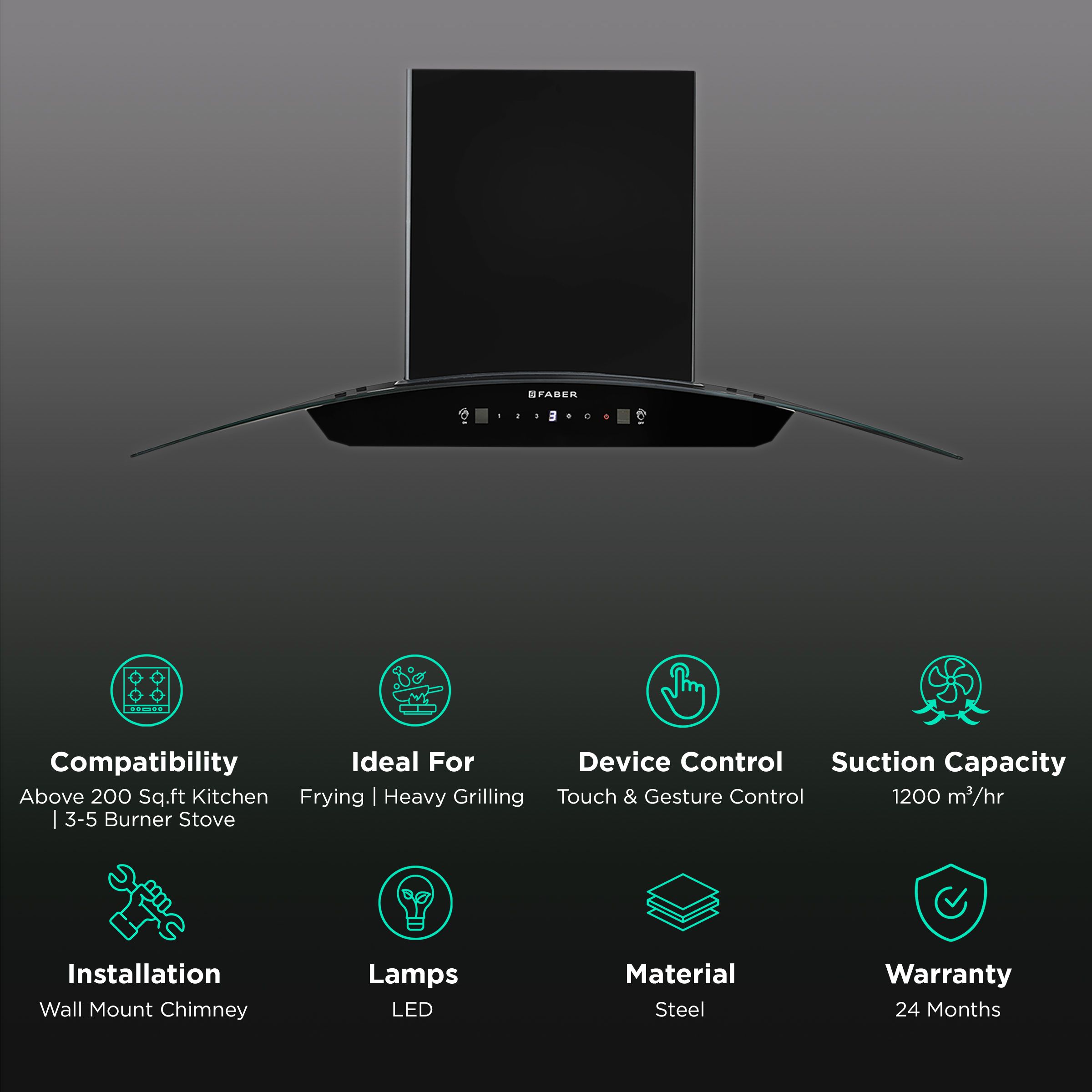 FABER HOOD SUNNY IN HC SC FL LG 90cm 1200m3/hr Ducted Auto Clean Wall Mounted Chimney with Touch & Gesture Control (Black) FABER HOOD SUNNY IN HC SC FL LG 90cm 1200m3/hr Ducted Auto Clean Wall Mounted Chimney with Touch & Gesture Control (Black)_3