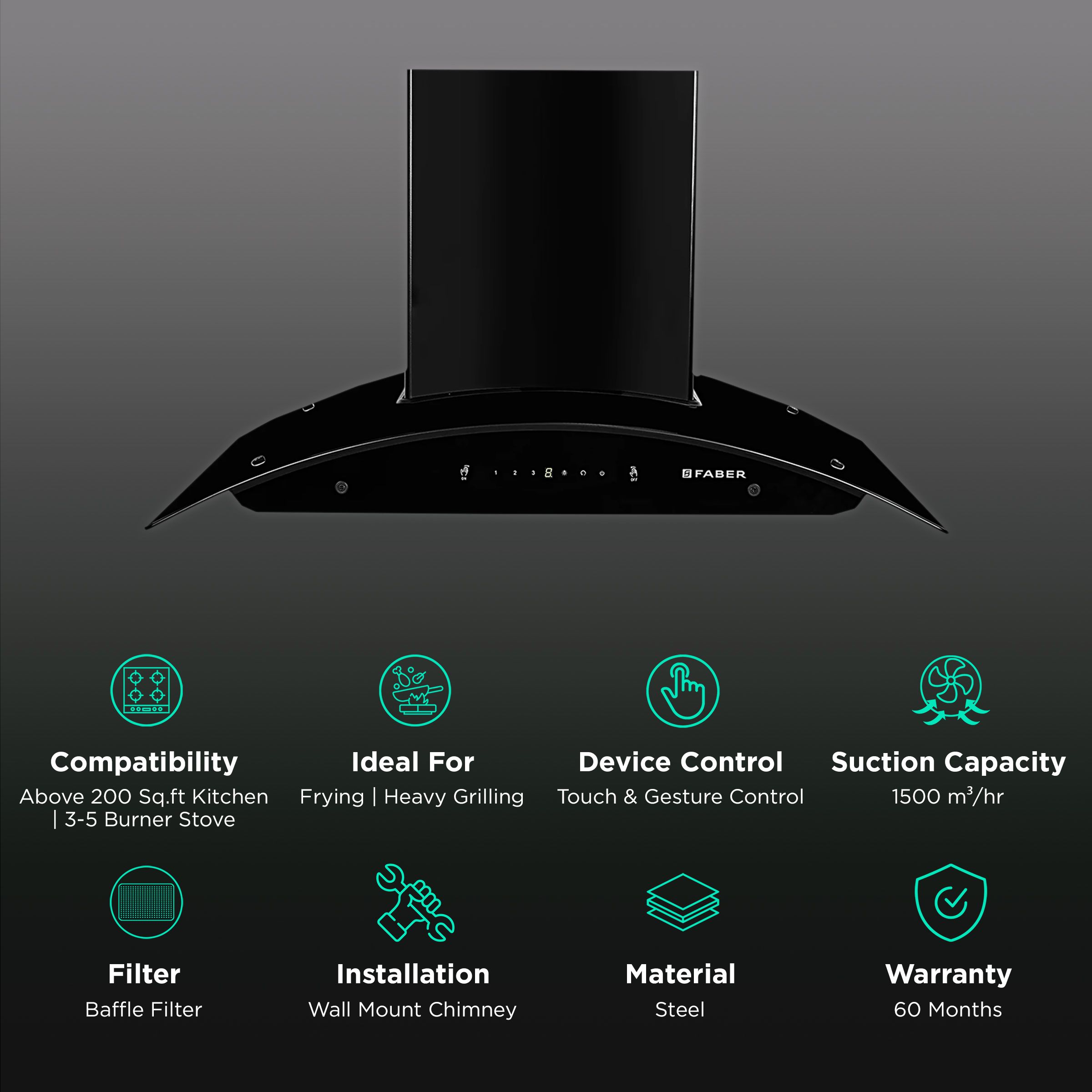 FABER PRIMUS PLUS ENERGY IND HC SC BK 90cm 1500m3/hr Ducted Auto Clean Wall Mounted Chimney with Touch & Gesture Control (Black)_3