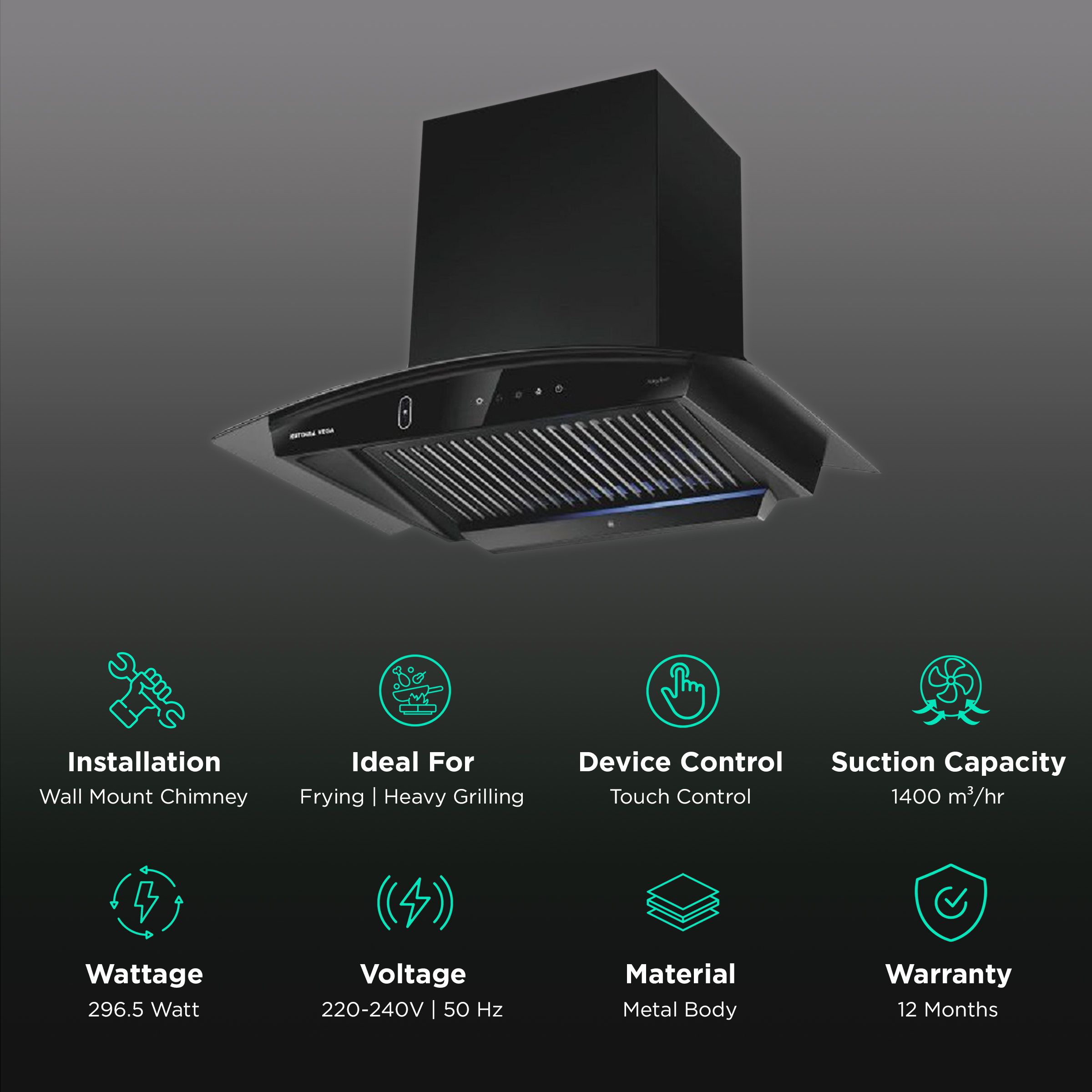 Kutchina VEGA DLX 75cm 1400m3/hr Ducted Auto Clean Wall Mounted Chimney with Touch Control Panel (Black)_3