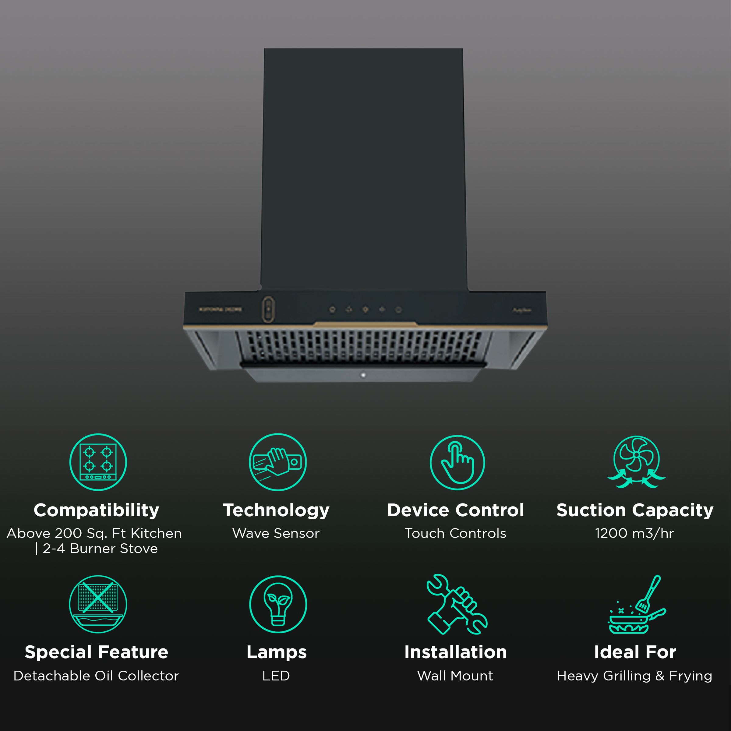 Kutchina DEZIRE 60 60cm 1200m3/hr Ducted Auto Clean Wall Mounted Chimney with Wave Sensor (Black) Kutchina DEZIRE 60 60cm 1200m3/hr Ducted Auto Clean Wall Mounted Chimney with Wave Sensor (Black)_3