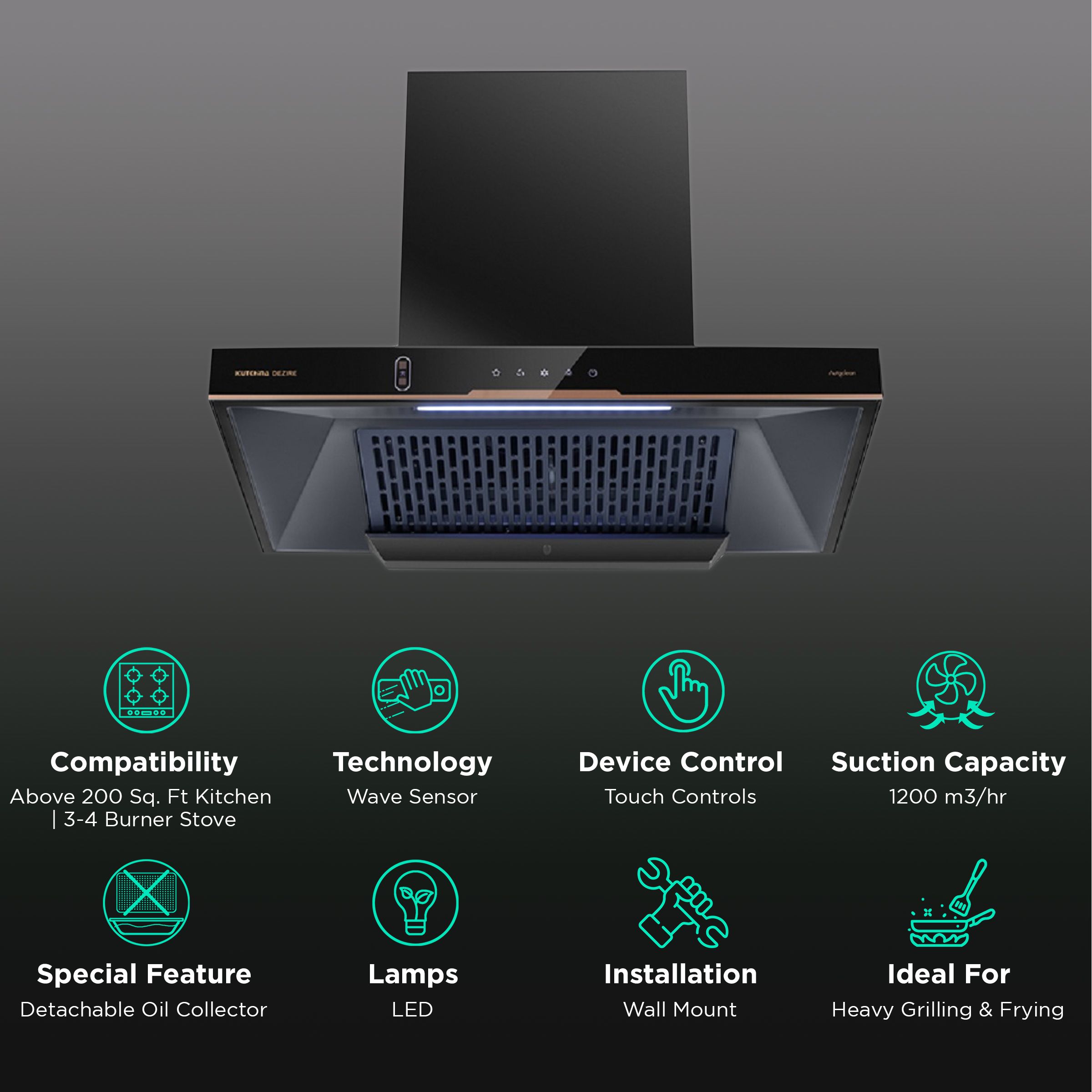 Kutchina DEZIRE 75 75cm 1200m3/hr Ducted Auto Clean Wall Mounted Chimney with Wave Sensor (Black) Kutchina DEZIRE 75 75cm 1200m3/hr Ducted Auto Clean Wall Mounted Chimney with Wave Sensor (Black)_3