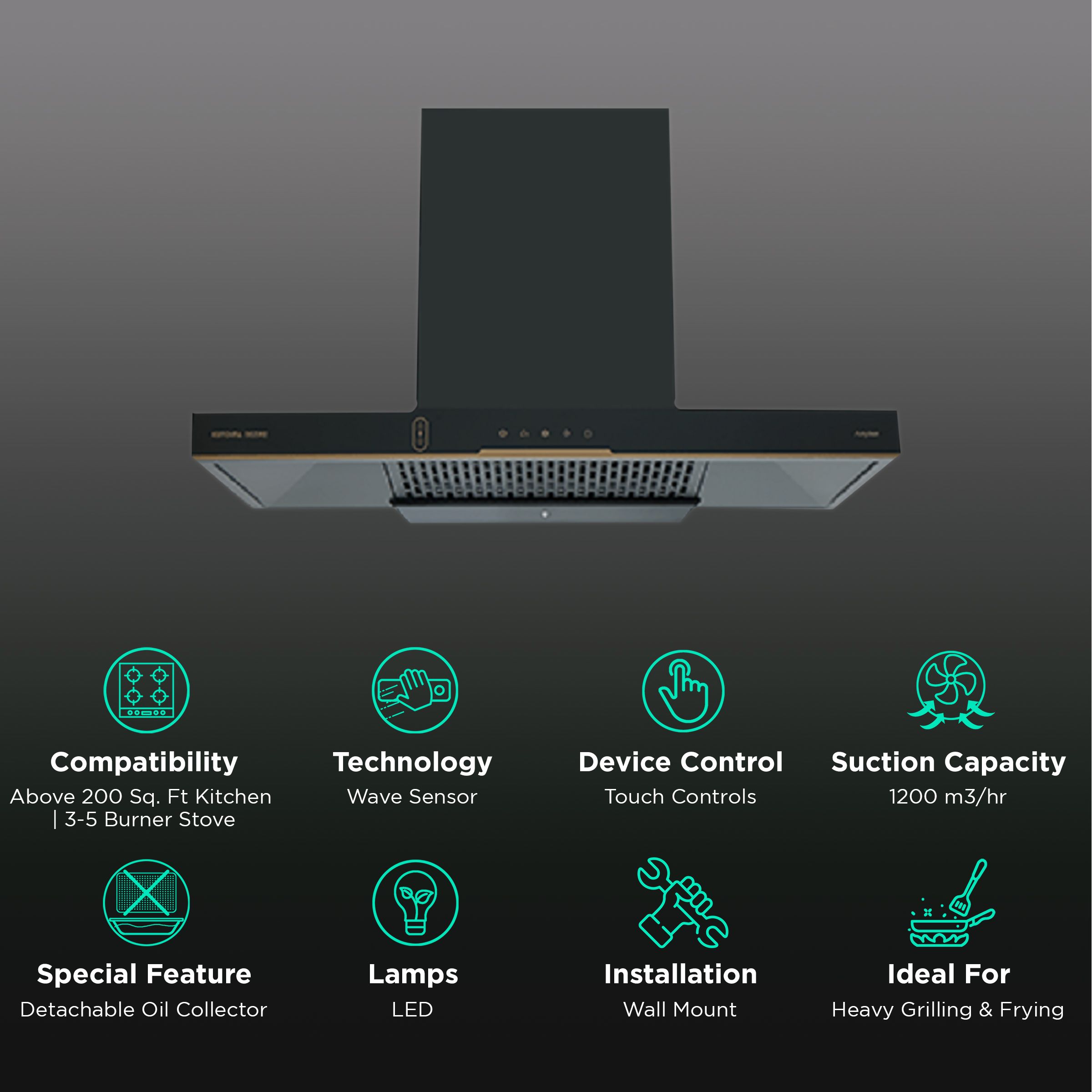 Kutchina DEZIRE 90 90cm 1200m3/hr Ducted Auto Clean Wall Mounted Chimney with Wave Sensor (Black)_3
