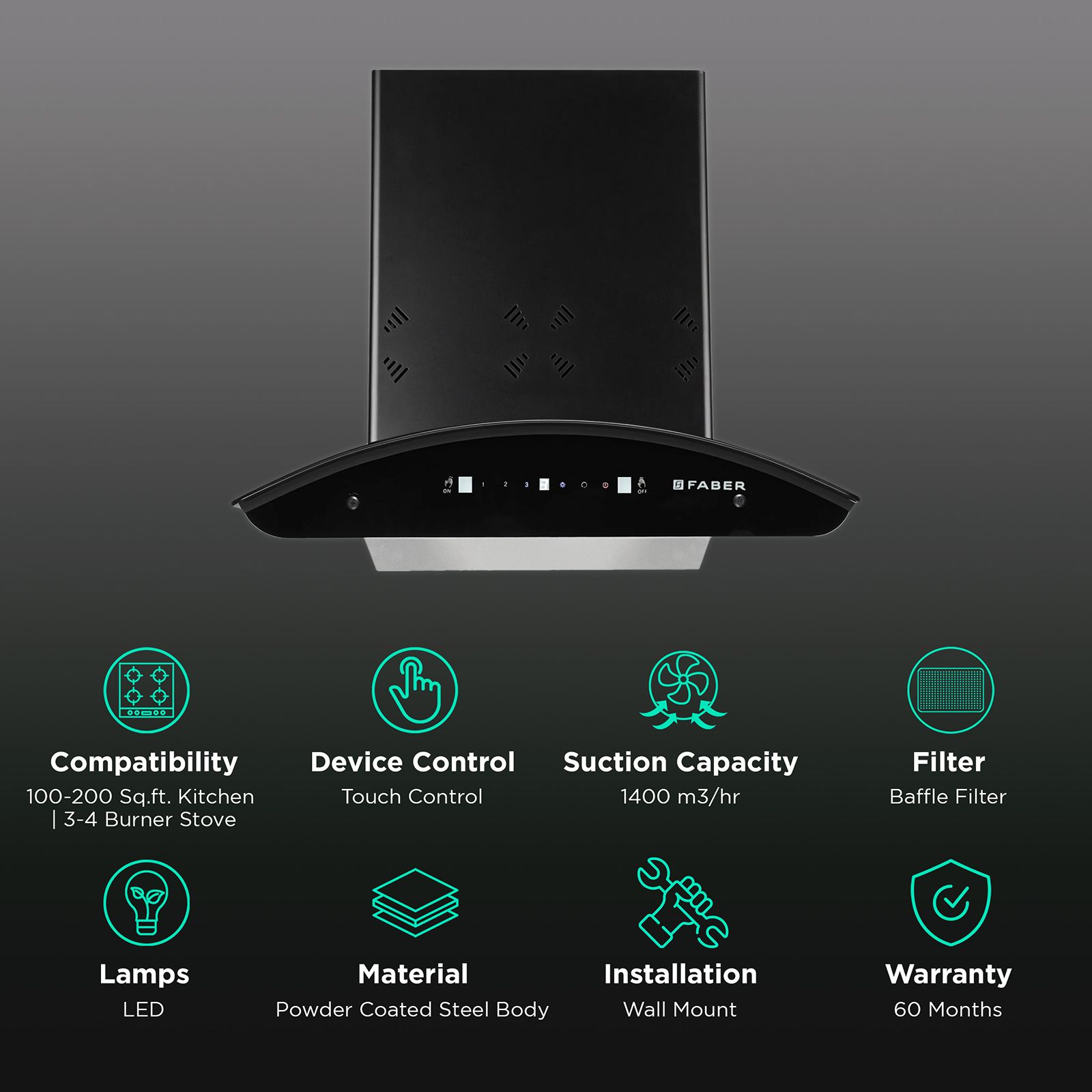 FABER HOOD ELLORA 3D IN HC SC BF BK 60cm 1400m3/hr Ducted Auto Clean Wall Mounted Chimney with Baffle Filter (Black) FABER HOOD ELLORA 3D IN HC SC BF BK 60cm 1400m3/hr Ducted Auto Clean Wall Mounted Chimney with Baffle Filter (Black)_3