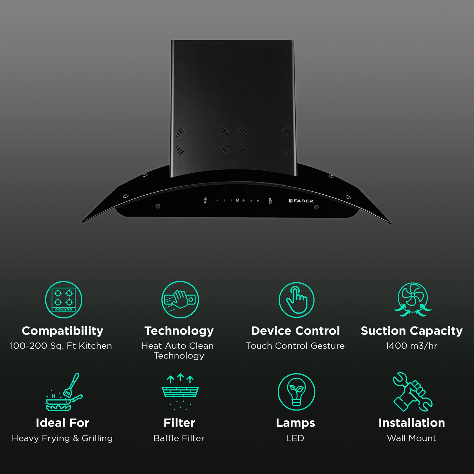 FABER HOOD ELLORA 3D IN HC SC BF BK 90cm 1400m3/hr Ducted Auto Clean Wall Mounted Chimney with Baffle Filter (Black) FABER HOOD ELLORA 3D IN HC SC BF BK 90cm 1400m3/hr Ducted Auto Clean Wall Mounted Chimney with Baffle Filter (Black)_3