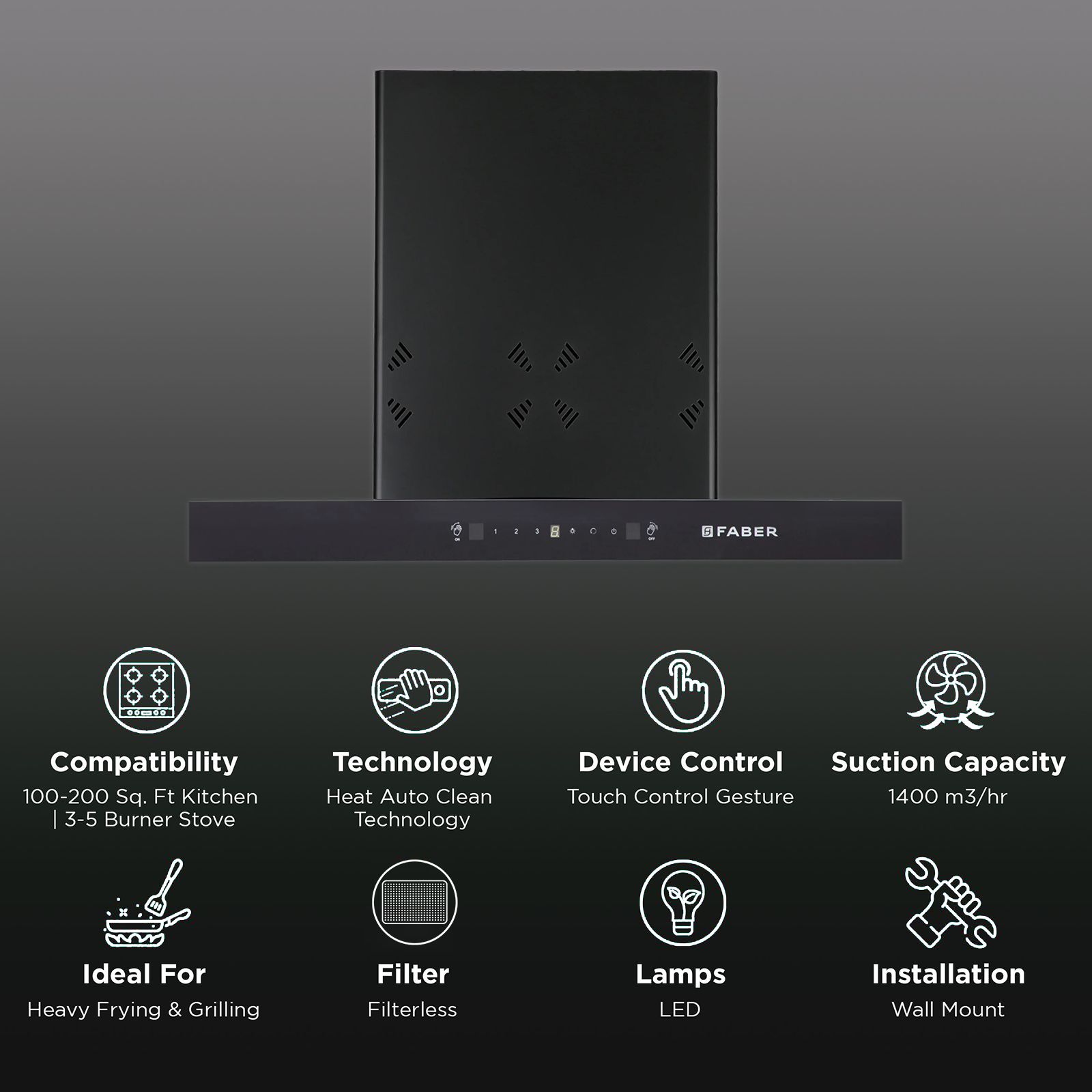 FABER HOOD CYGNUS IN 3D HC SC FL BK 75cm 1400m3/hr Ducted Auto Clean Wall Mounted Chimney with Odor Sensor (Black) FABER HOOD CYGNUS IN 3D HC SC FL BK 75cm 1400m3/hr Ducted Auto Clean Wall Mounted Chimney with Odor Sensor (Black)_3
