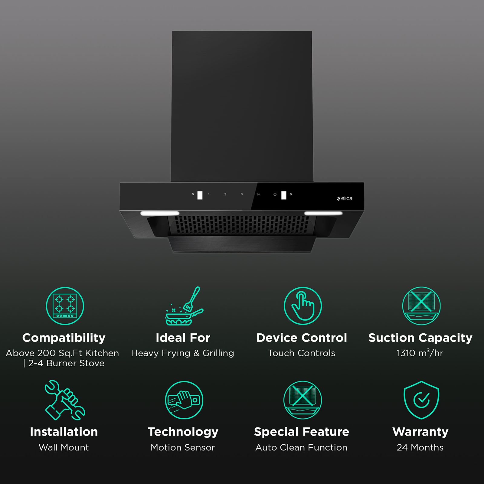 elica Kitchenhood 60cm 1310m3/hr Ducted Auto Clean Wall Mounted Chimney with Motion Sensor Control (Nero) elica Kitchenhood 60cm 1310m3/hr Ducted Auto Clean Wall Mounted Chimney with Motion Sensor Control (Nero)_3