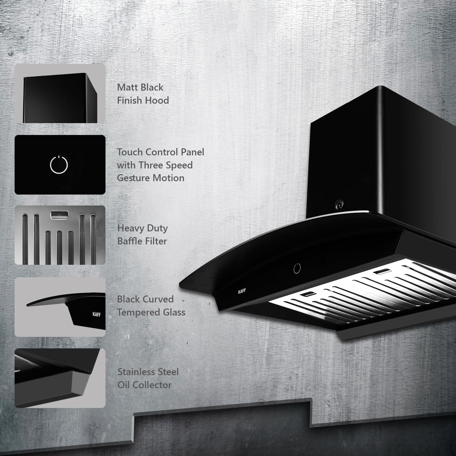 KAFF Sigma 60cm 1250m3/hr Ducted Auto Clean Wall Mounted Chimney with Heavy Duty Baffle Filter (Black)_11