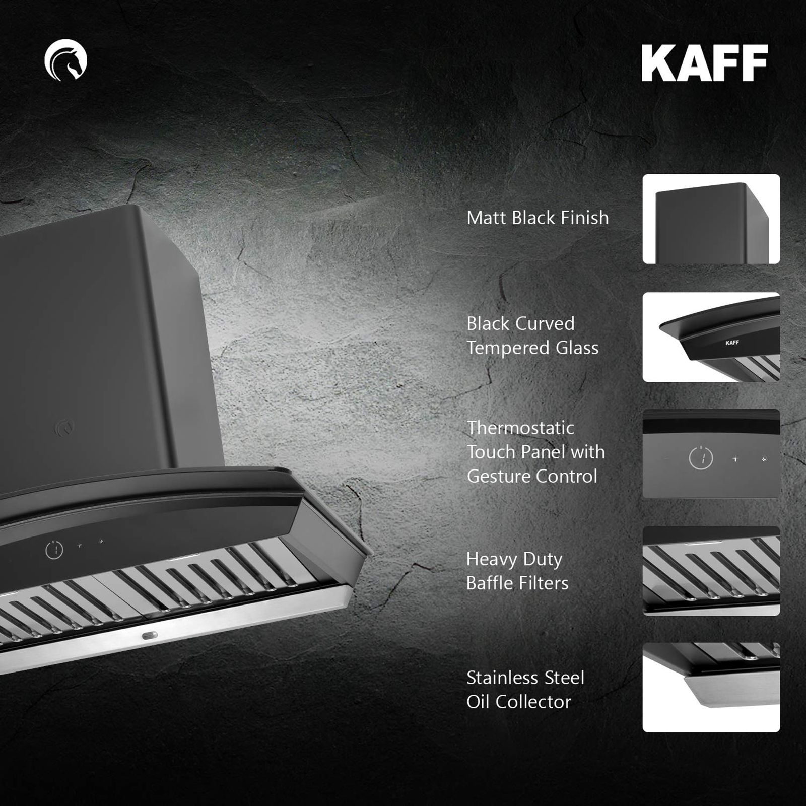 KAFF Sigma 60cm 1250m3/hr Ducted Auto Clean Wall Mounted Chimney with Heavy Duty Baffle Filter (Black)_13