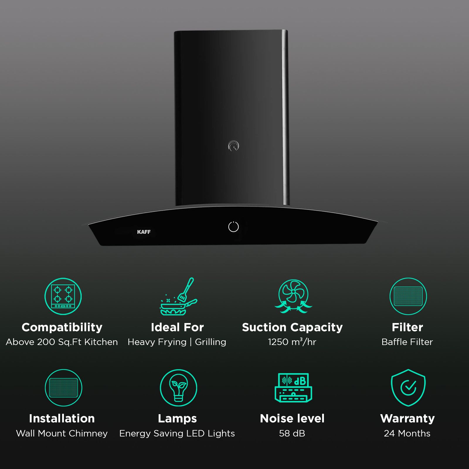 KAFF Sigma 60cm 1250m3/hr Ducted Auto Clean Wall Mounted Chimney with Heavy Duty Baffle Filter (Black)_3