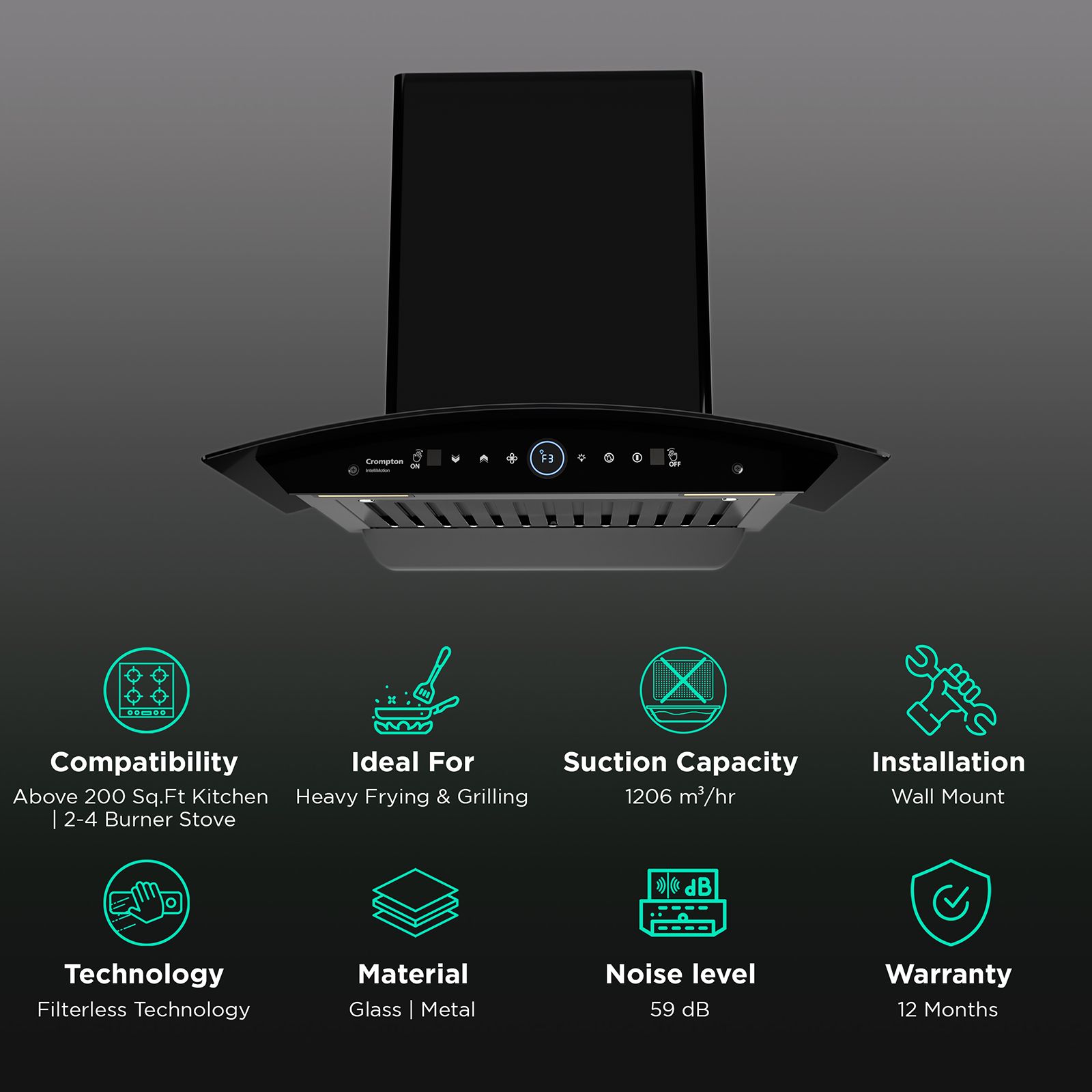 Crompton IntelliMotion 60cm 1206m3/hr Ducted Wall Mounted Chimney with Filterless Technology (Black)_3