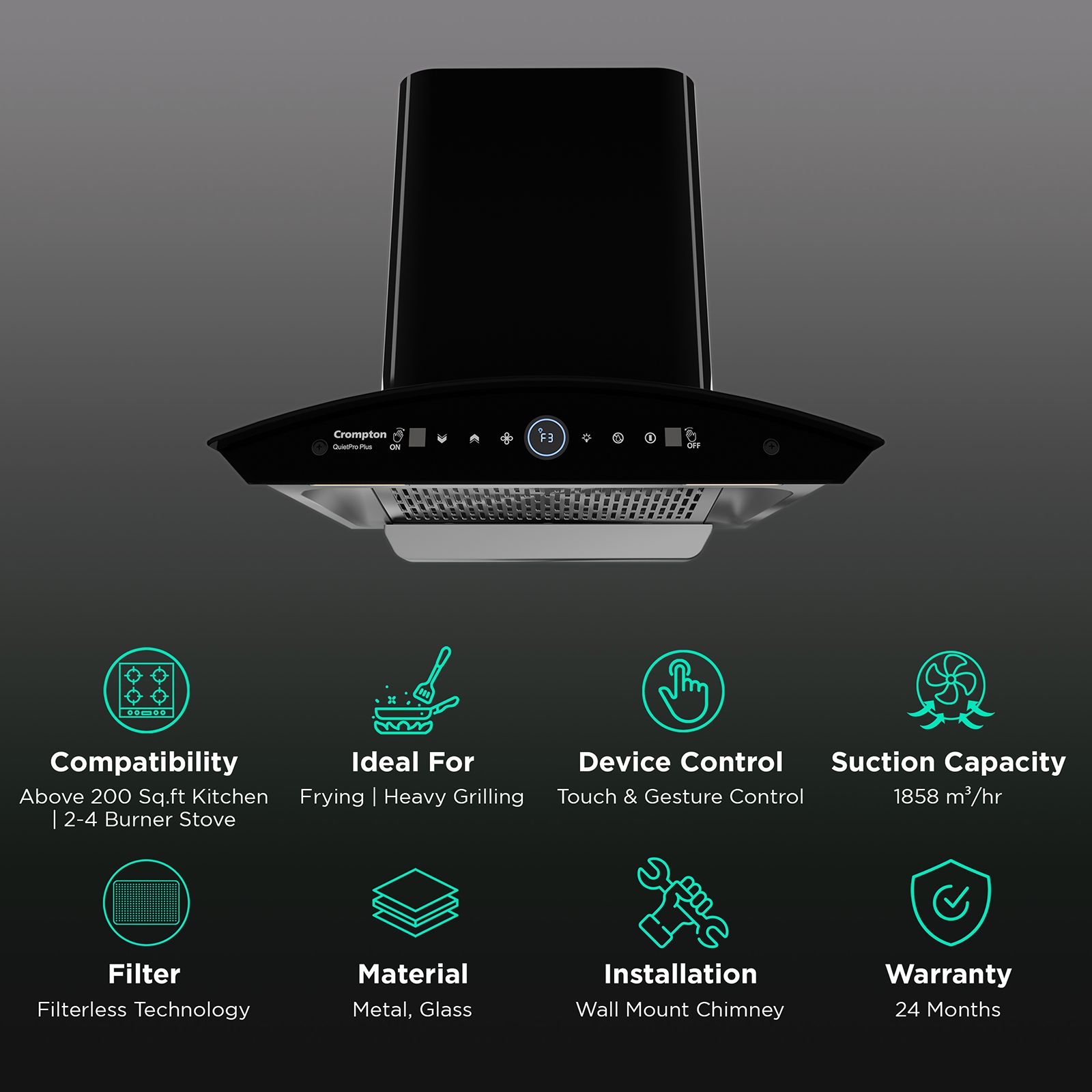Crompton QuietPro Plus 60cm 1600m3/hr Ducted Auto Clean Wall Mounted Chimney with Gesture Control (Black) Crompton QuietPro Plus 60cm 1600m3/hr Ducted Auto Clean Wall Mounted Chimney with Gesture Control (Black)_3