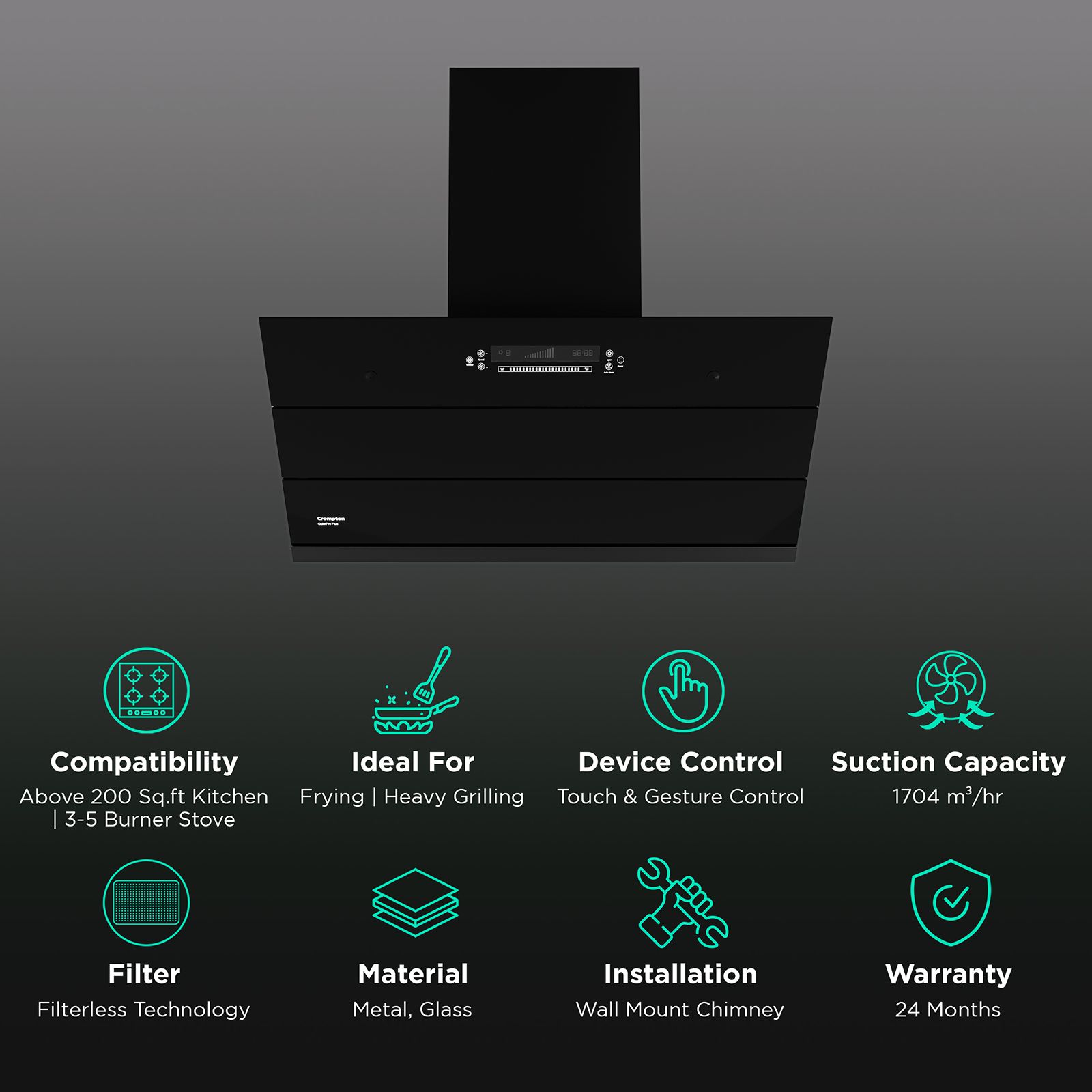 Crompton QuietPro Plus 90cm 1800m3/hr Ducted Auto Clean Wall Mounted Chimney with Gesture Control (Black)_3