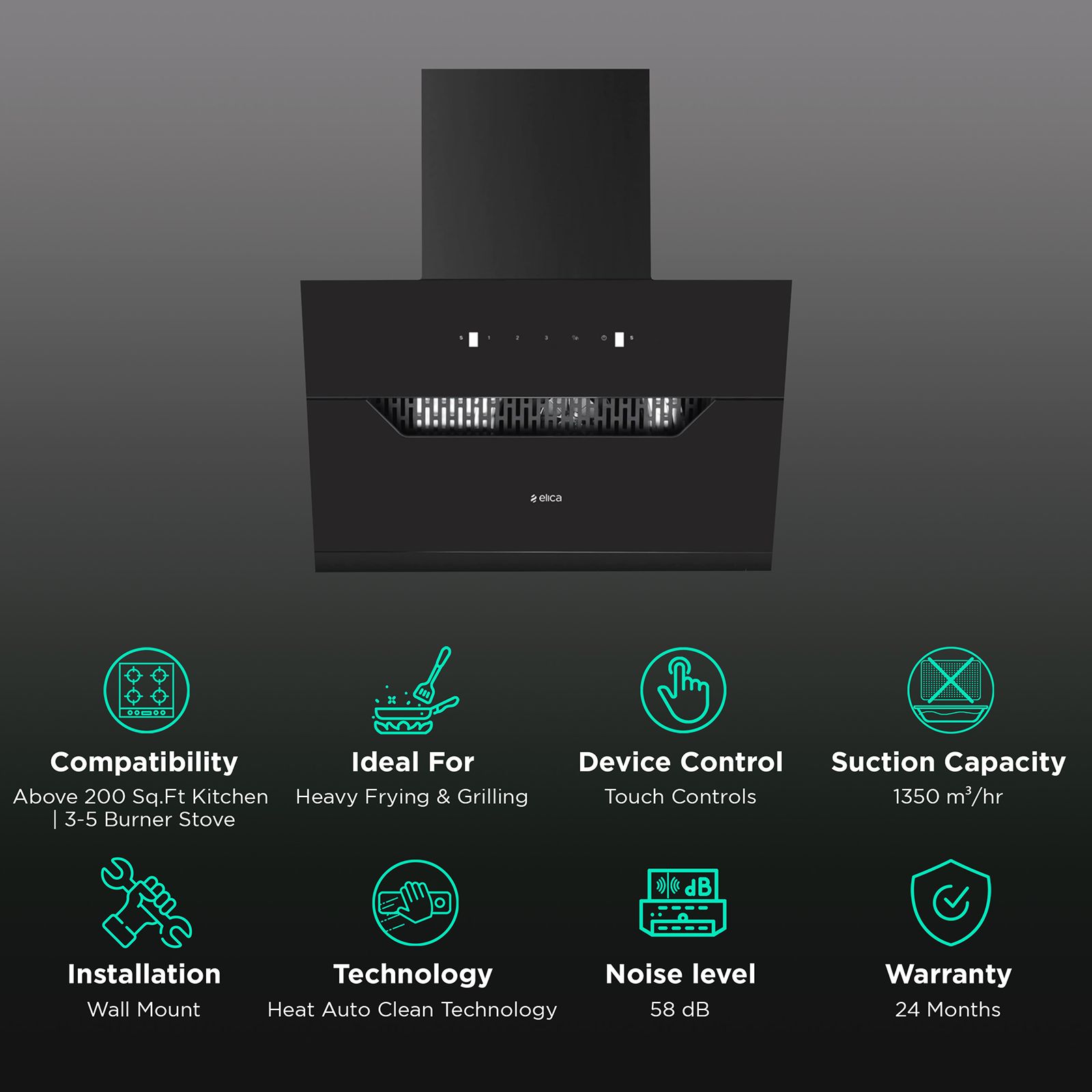 elica EFL 207 HAC LTW VMS 90cm 1350m3/hr Ducted Auto Clean Wall Mounted Chimney with Motion Sensor Control (Black) elica EFL 207 HAC LTW VMS 90cm 1350m3/hr Ducted Auto Clean Wall Mounted Chimney with Motion Sensor Control (Black)_3
