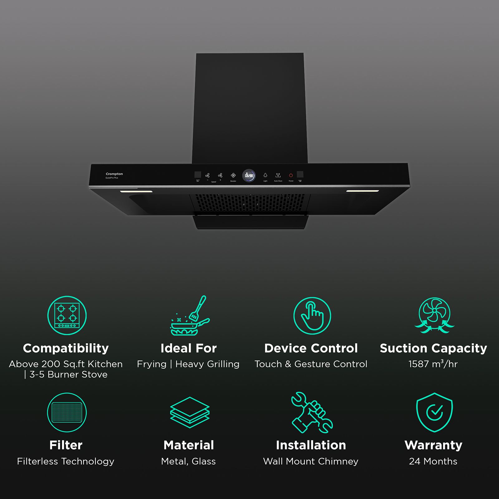 Crompton QuietPro Plus 90cm 1587m3/hr Ducted Auto Clean Wall Mounted Chimney with Gesture Control (Midnight Black) Crompton QuietPro Plus 90cm 1587m3/hr Ducted Auto Clean Wall Mounted Chimney with Gesture Control (Midnight Black)_3