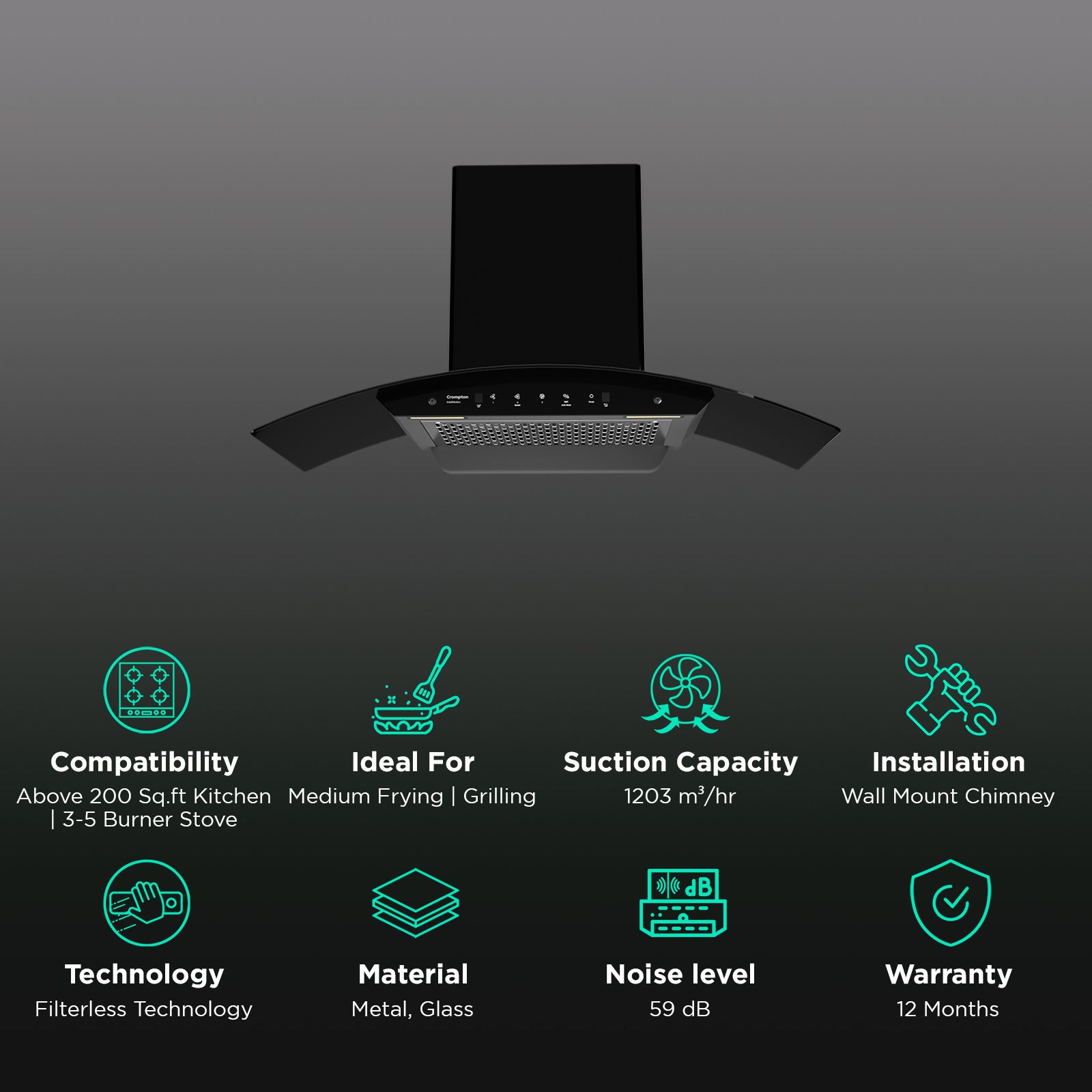 Crompton IntelliMotion 90cm 1203m3/hr Ducted Wall Mounted Chimney with Filterless Technology (Black) Crompton IntelliMotion 90cm 1203m3/hr Ducted Wall Mounted Chimney with Filterless Technology (Black)_3