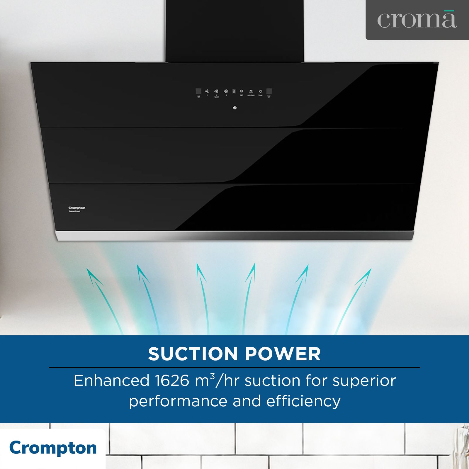 Crompton SensoSmart 90cm 1626m3/hr Ducted Auto Clean Wall Mounted Chimney with Gesture Control (Black) Crompton SensoSmart 90cm 1626m3/hr Ducted Auto Clean Wall Mounted Chimney with Gesture Control (Black)_7
