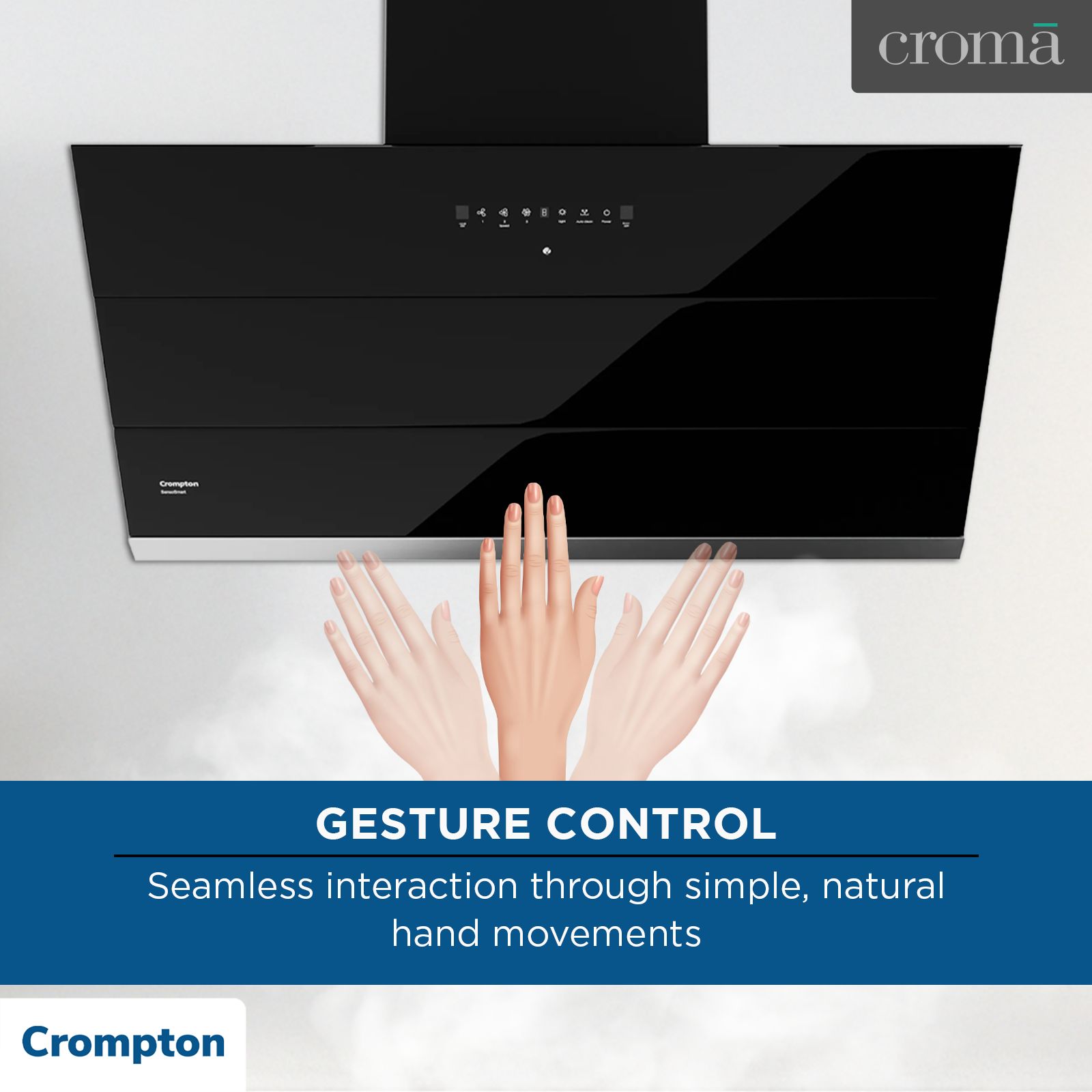 Crompton SensoSmart 90cm 1626m3/hr Ducted Auto Clean Wall Mounted Chimney with Gesture Control (Black) Crompton SensoSmart 90cm 1626m3/hr Ducted Auto Clean Wall Mounted Chimney with Gesture Control (Black)_9