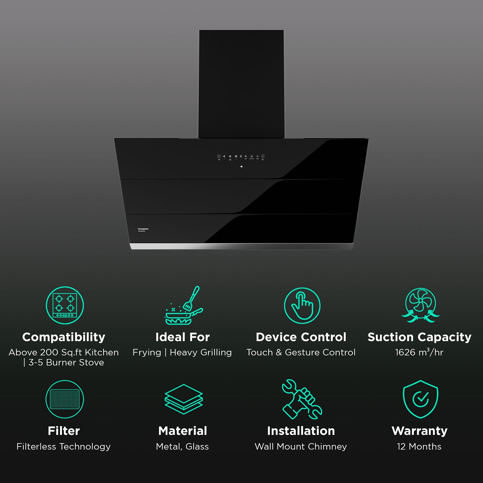 Crompton SensoSmart 90cm 1626m3/hr Ducted Auto Clean Wall Mounted Chimney with Gesture Control (Black) Crompton SensoSmart 90cm 1626m3/hr Ducted Auto Clean Wall Mounted Chimney with Gesture Control (Black)_3