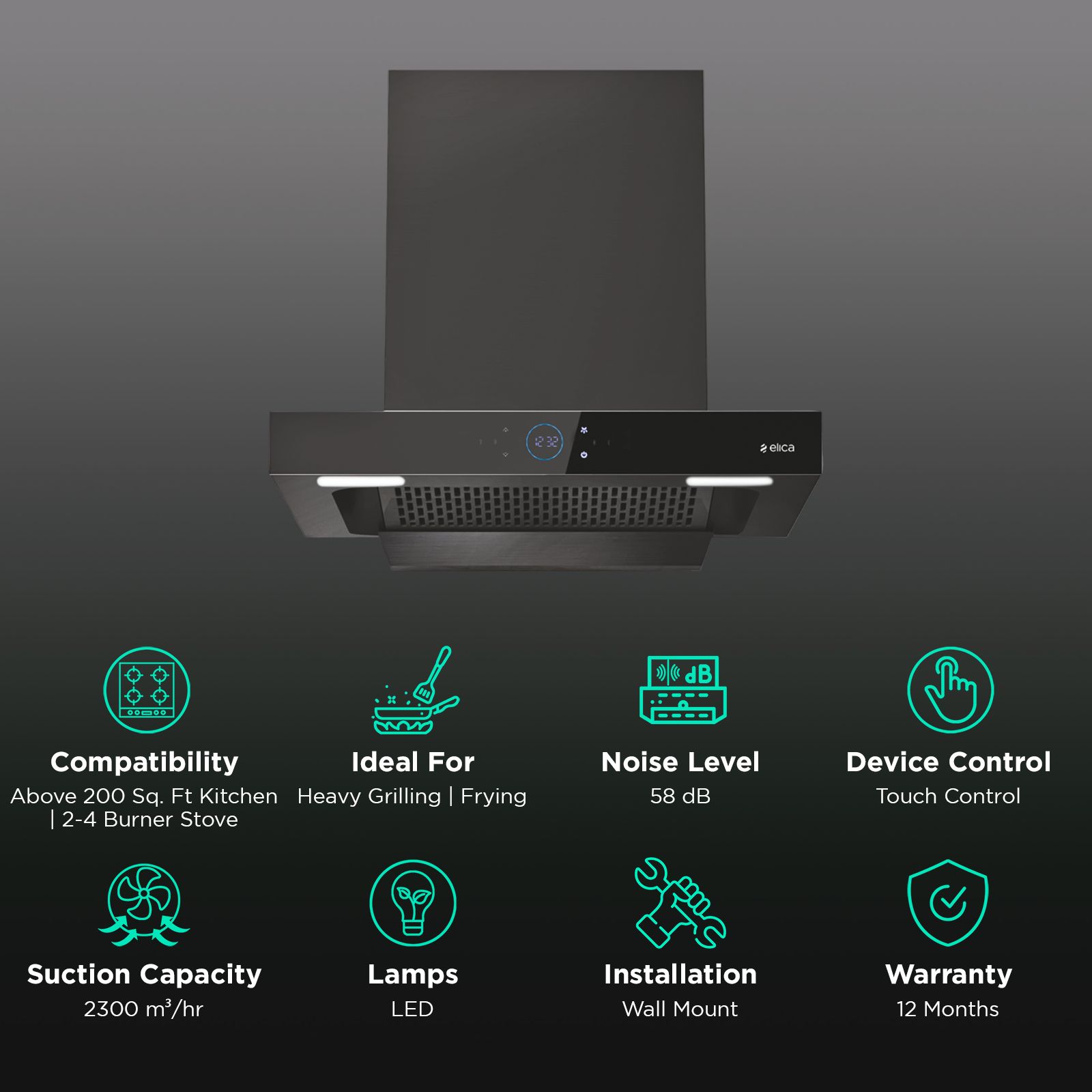 elica ISMART SPOT FL HAC 60 LTW NERO 60cm 2300mó/hr Ducted Auto Clean Wall Mounted Chimney with Motion Sensor Control (Black) elica ISMART SPOT FL HAC 60 LTW NERO 60cm 2300mó/hr Ducted Auto Clean Wall Mounted Chimney with Motion Sensor Control (Black)_3