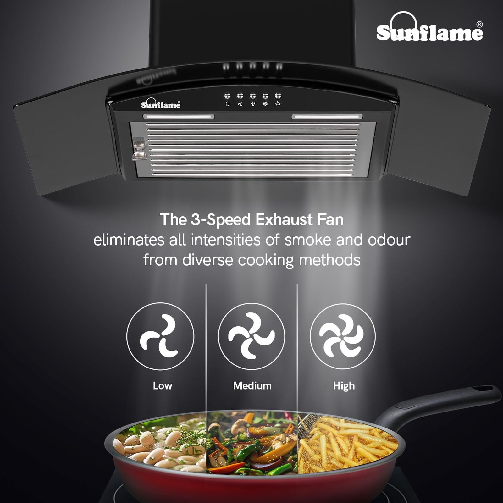 Sunflame BELLA 60 BK 60cm 1100m3/hr Ducted Wall Mounted Chimney with Baffle Filter (Black)_8