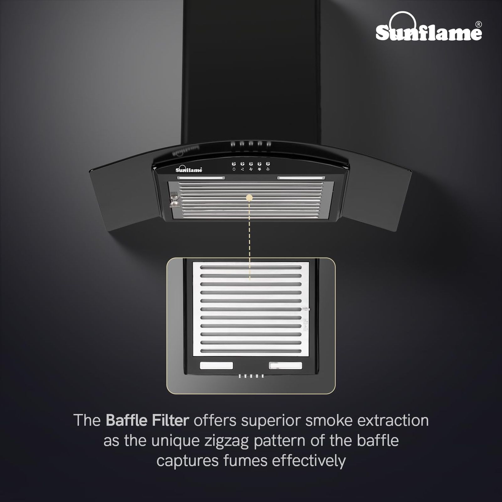 Sunflame BELLA 60 BK 60cm 1100m3/hr Ducted Wall Mounted Chimney with Baffle Filter (Black)_9