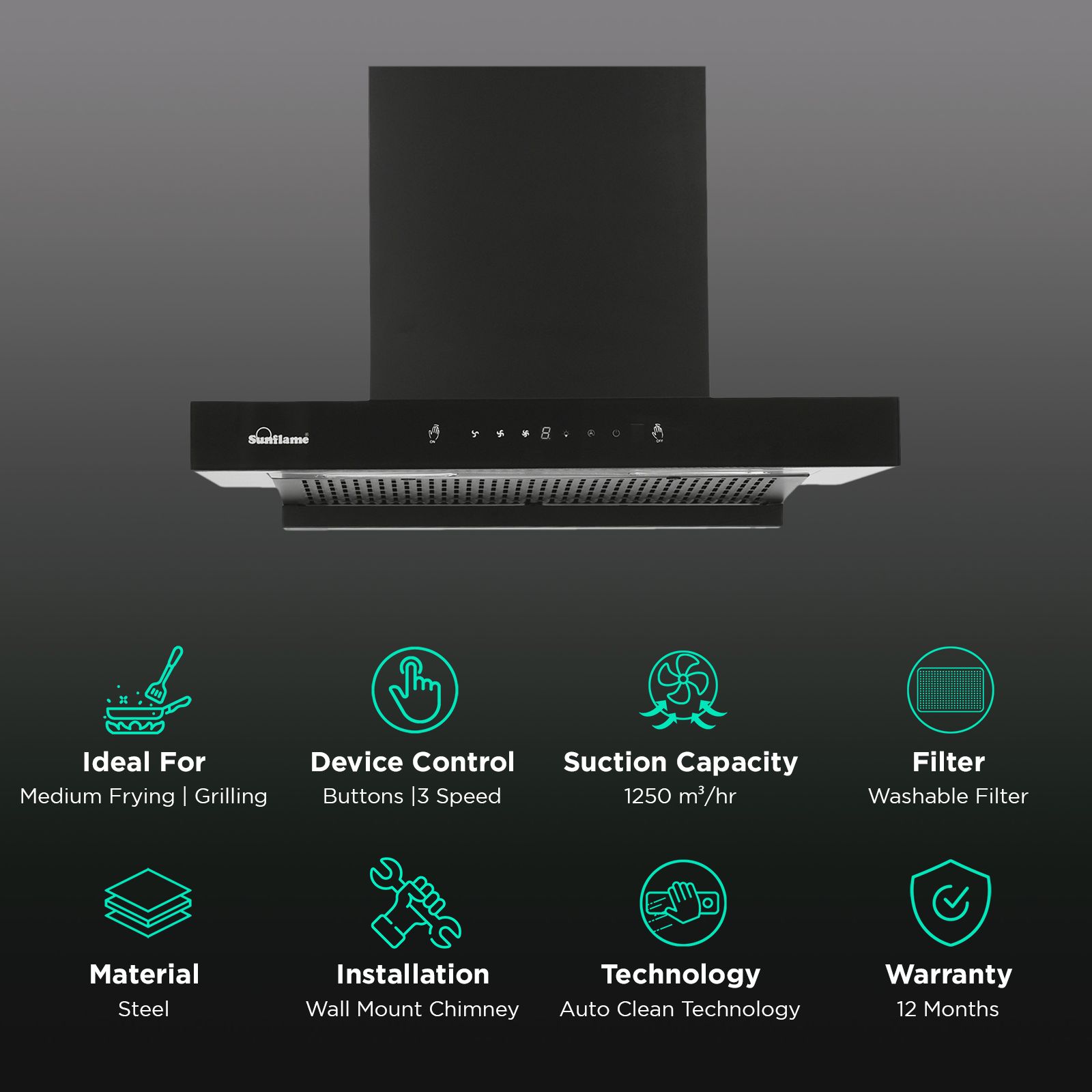 Sunflame CH Cupo DX 60cm 1250m3/hr Ducted Auto Clean Wall Mounted Chimney with Washable Filter (Black) Sunflame CH Cupo DX 60cm 1250m3/hr Ducted Auto Clean Wall Mounted Chimney with Washable Filter (Black)_3