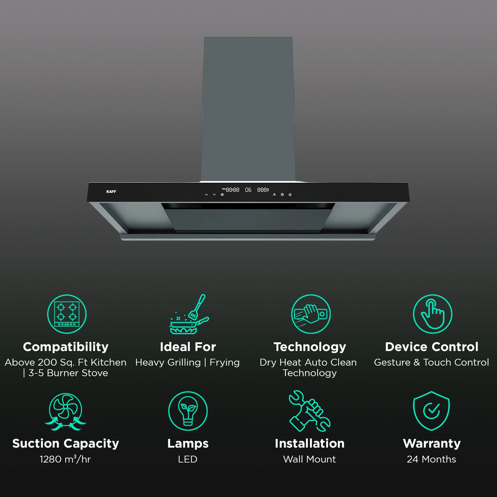 KAFF MISSONI 90 90cm 1280m3/hr Ducted Auto Clean Wall Mounted Chimney with Parametric Suction Technology (Black)_3
