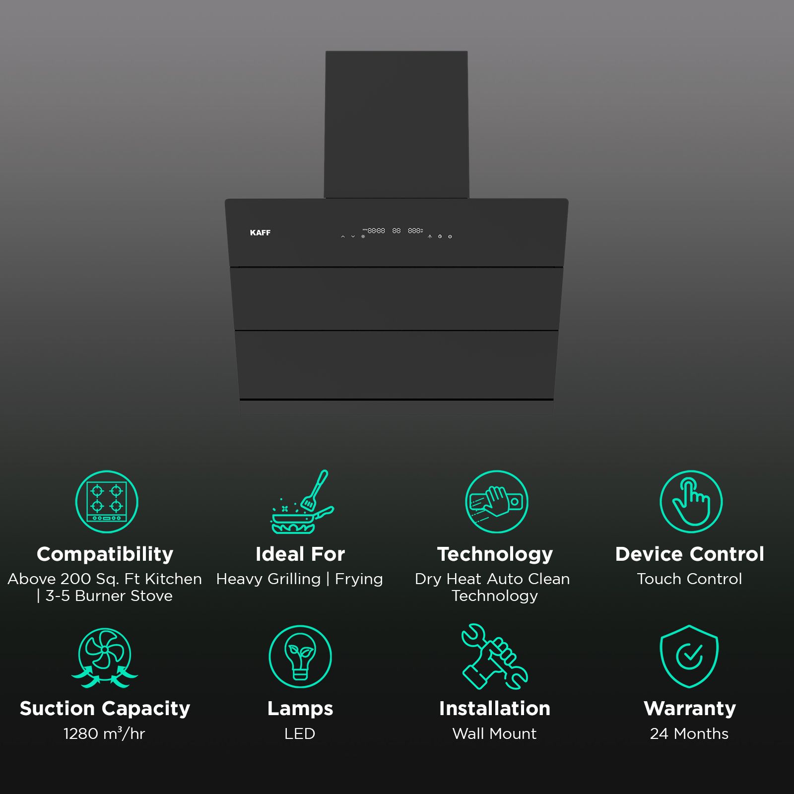 KAFF ALBURY75DC 75cm 1280m3/hr Ducted Auto Clean Wall Mounted Chimney with BLDC Motor (Black) KAFF ALBURY75DC 75cm 1280m3/hr Ducted Auto Clean Wall Mounted Chimney with BLDC Motor (Black)_3