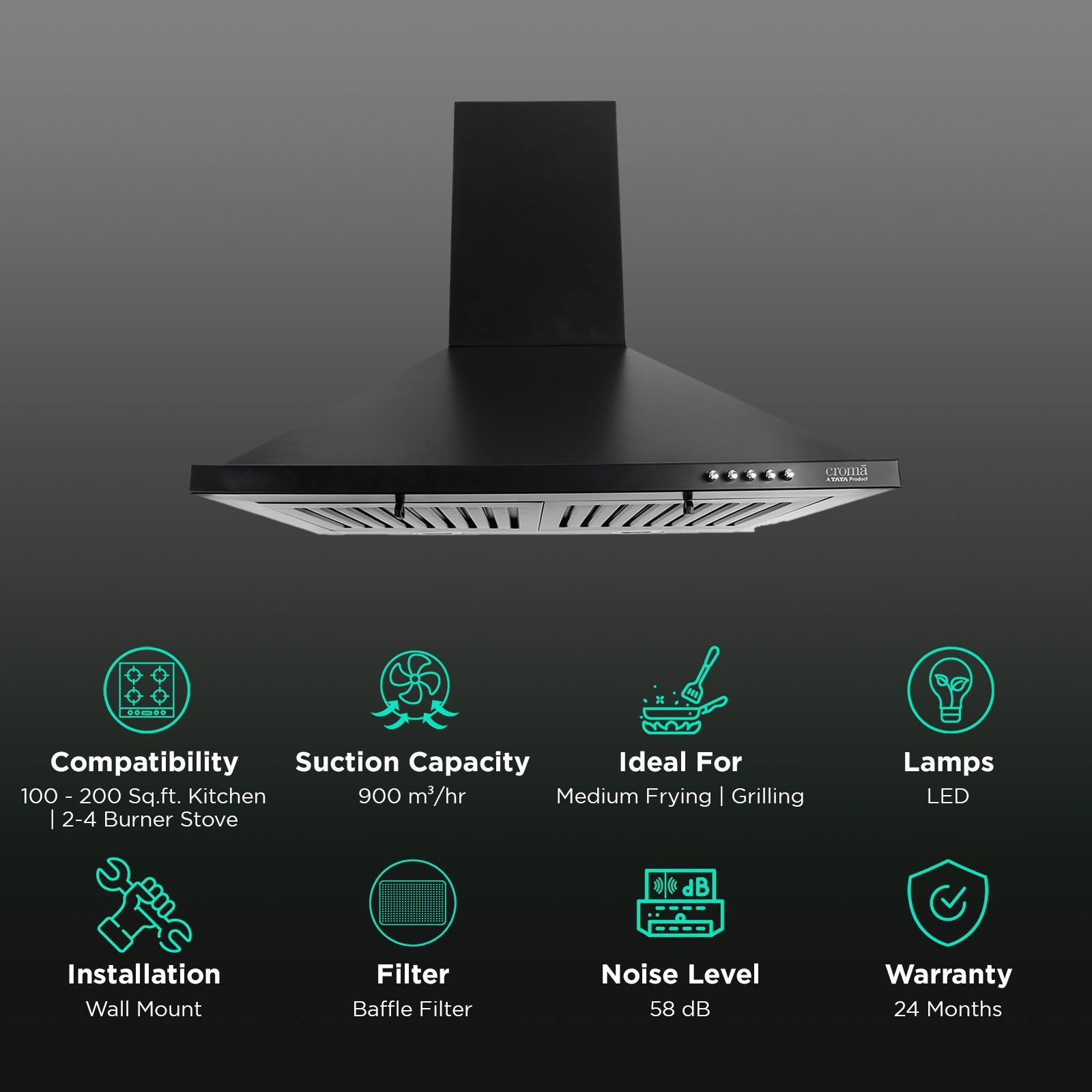 Croma AG1108 60cm 900m3/hr Ducted Wall Mounted Chimney with Push Button Control (Black) Croma AG1108 60cm 900m3/hr Ducted Wall Mounted Chimney with Push Button Control (Black)_2
