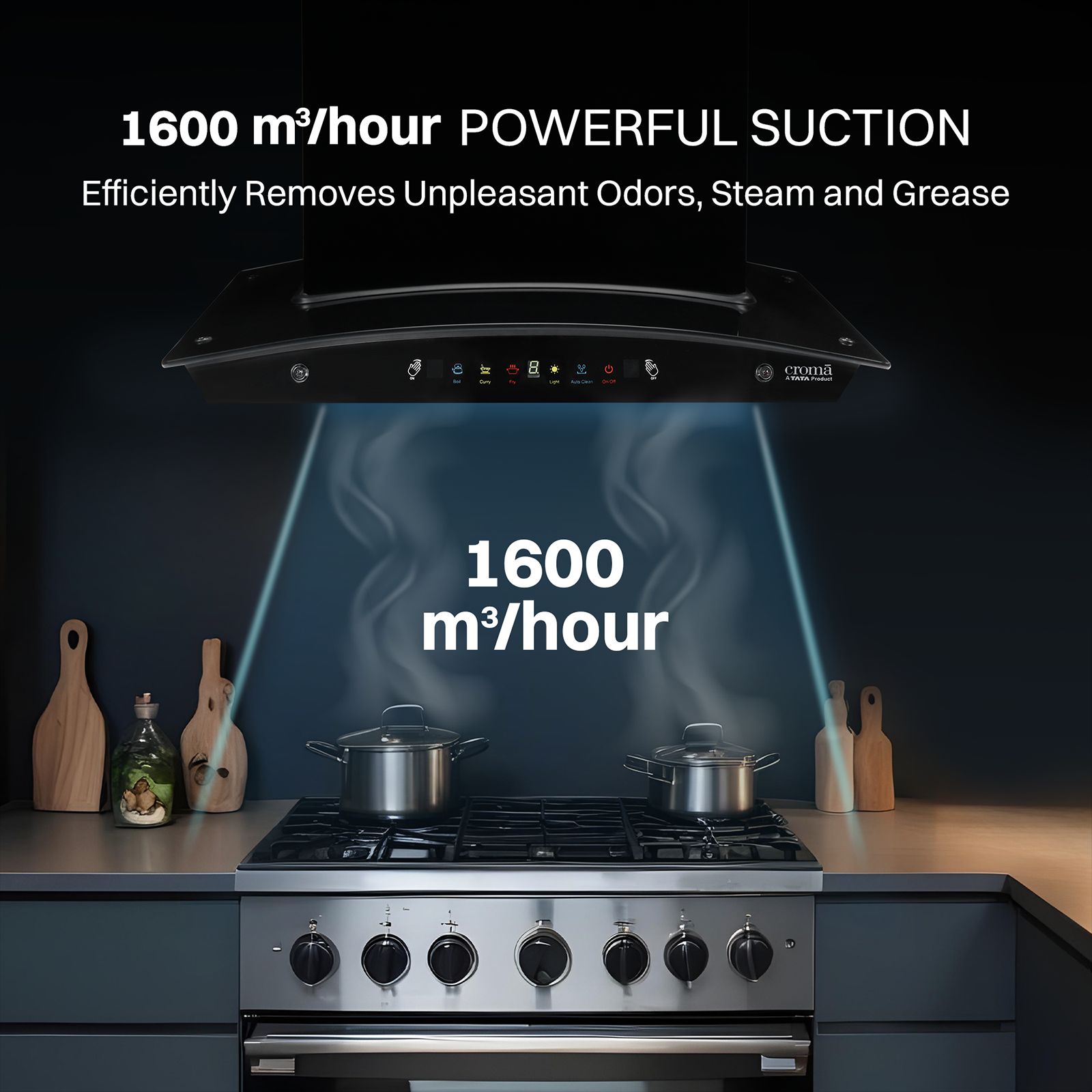 Croma AG1109 60cm 1600m3/hr Ducted Auto Clean Wall Mounted Chimney with Motion Sensor Control (Black) Croma AG1109 60cm 1600m3/hr Ducted Auto Clean Wall Mounted Chimney with Motion Sensor Control (Black)_10