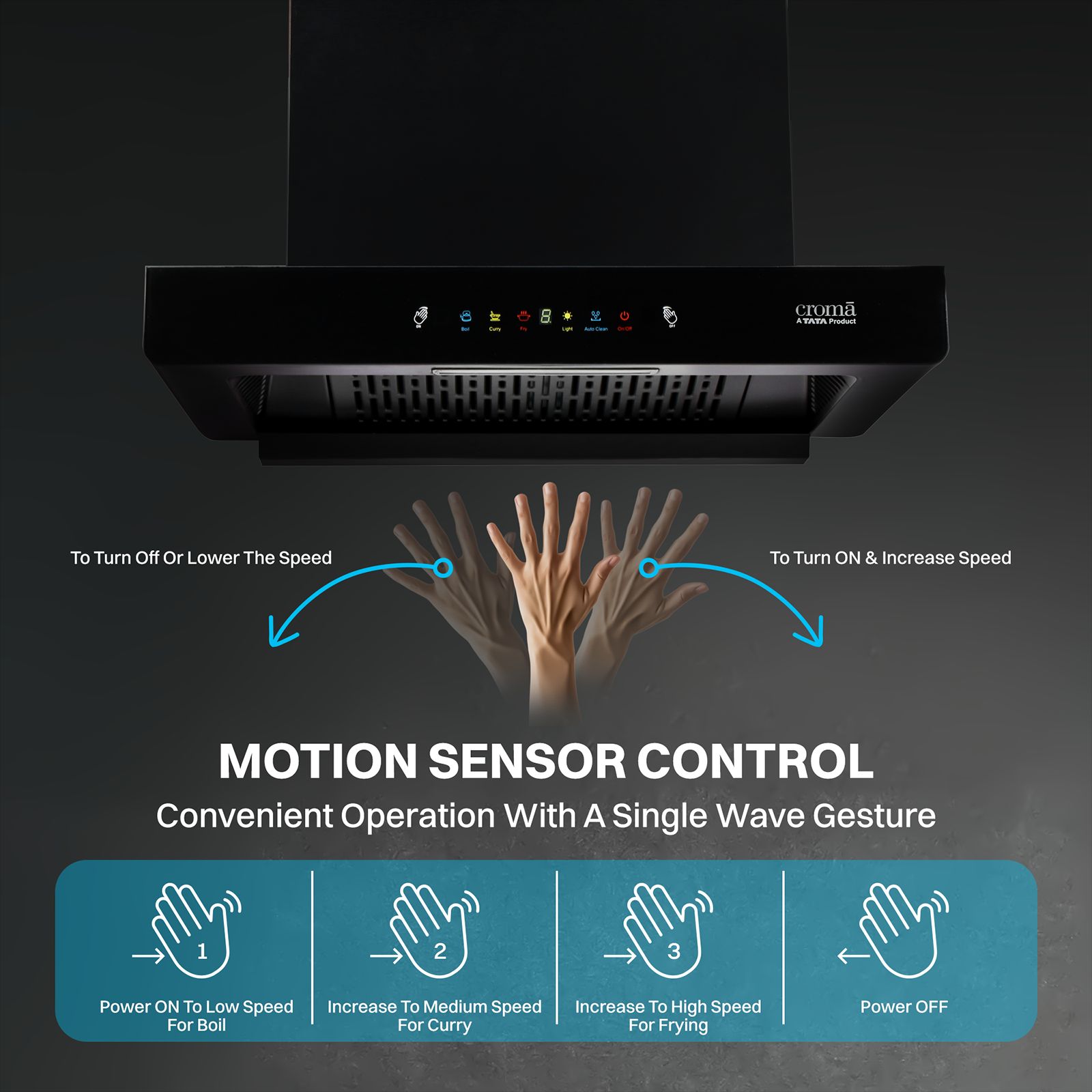 Croma AG1111 60cm 1300m3/hr Ducted Auto Clean Wall Mounted Chimney with Motion Sensor Control (Black) Croma AG1111 60cm 1300m3/hr Ducted Auto Clean Wall Mounted Chimney with Motion Sensor Control (Black)_15