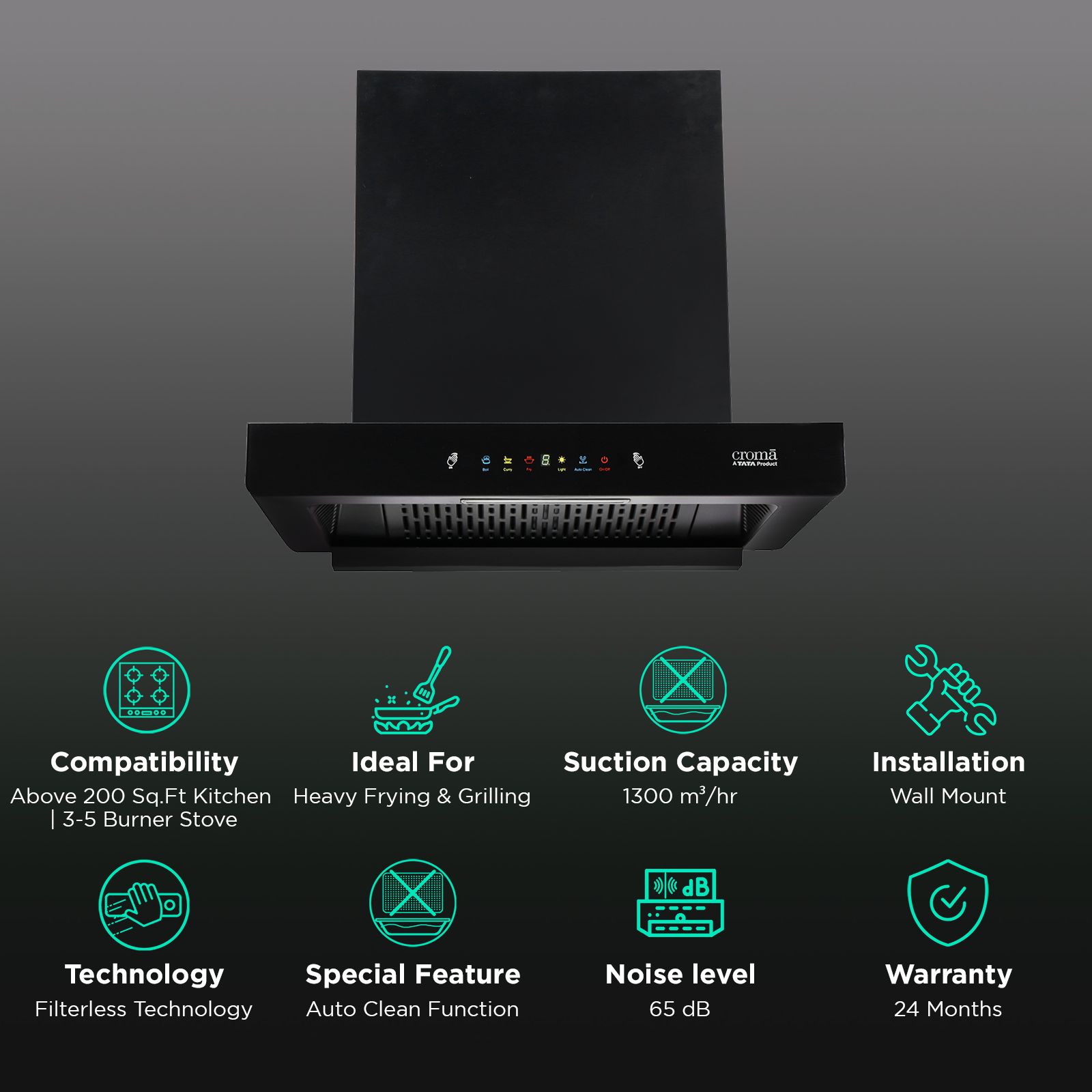 Croma AG1111 60cm 1300m3/hr Ducted Auto Clean Wall Mounted Chimney with Motion Sensor Control (Black) Croma AG1111 60cm 1300m3/hr Ducted Auto Clean Wall Mounted Chimney with Motion Sensor Control (Black)_3