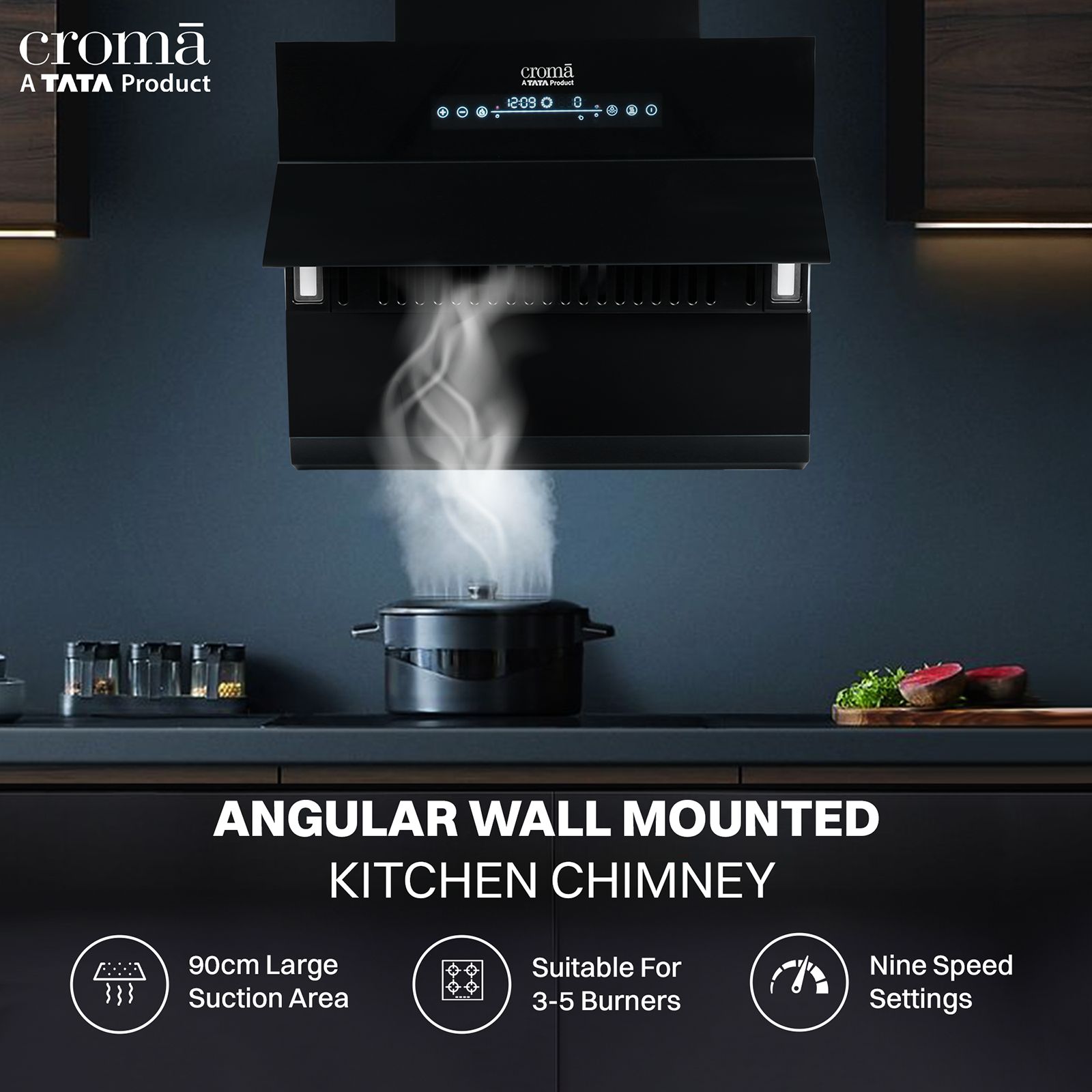 Croma AG1114 90cm 1400m3/hr Ducted Auto Clean Wall Mounted Chimney with Motion Sensor Control (Black) Croma AG1114 90cm 1400m3/hr Ducted Auto Clean Wall Mounted Chimney with Motion Sensor Control (Black)_10