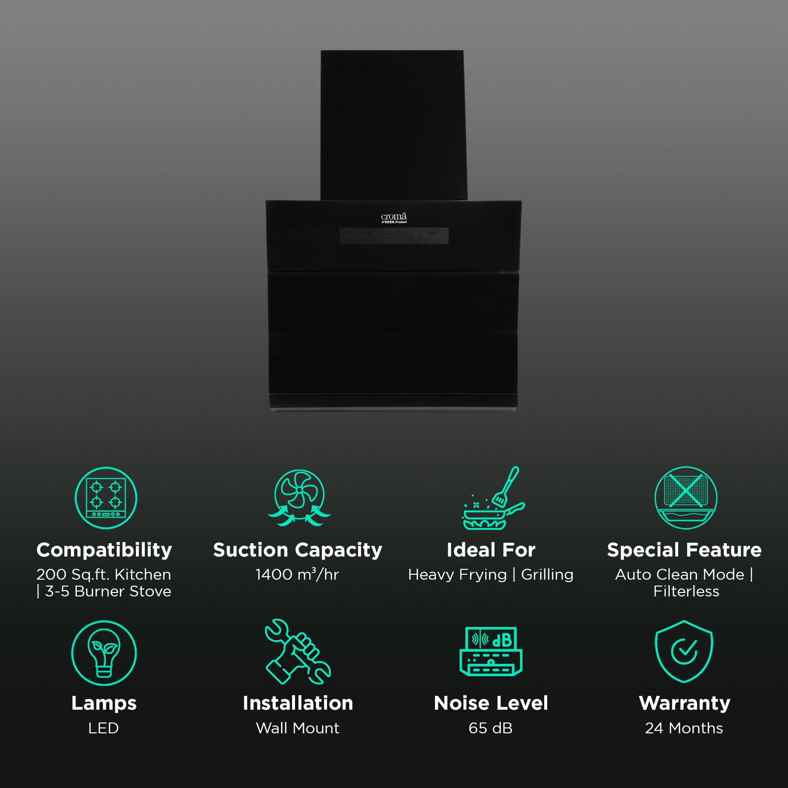 Croma AG1114 90cm 1400m3/hr Ducted Auto Clean Wall Mounted Chimney with Motion Sensor Control (Black) Croma AG1114 90cm 1400m3/hr Ducted Auto Clean Wall Mounted Chimney with Motion Sensor Control (Black)_2