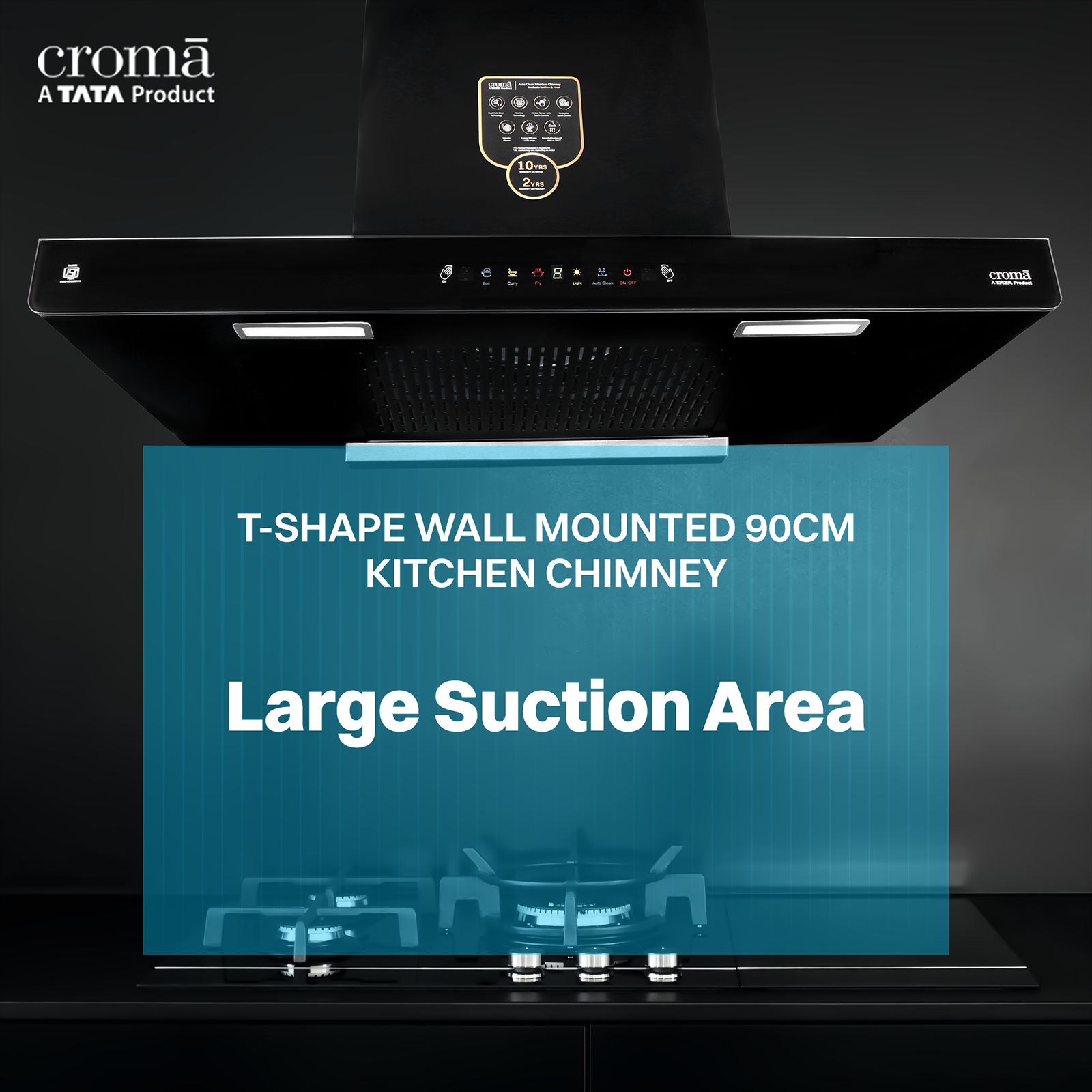 Croma AG1112 90cm 1500m3/hr Auto Clean Wall Mounted Chimney with Touch Control (Black) Croma AG1112 90cm 1500m3/hr Auto Clean Wall Mounted Chimney with Touch Control (Black)_3