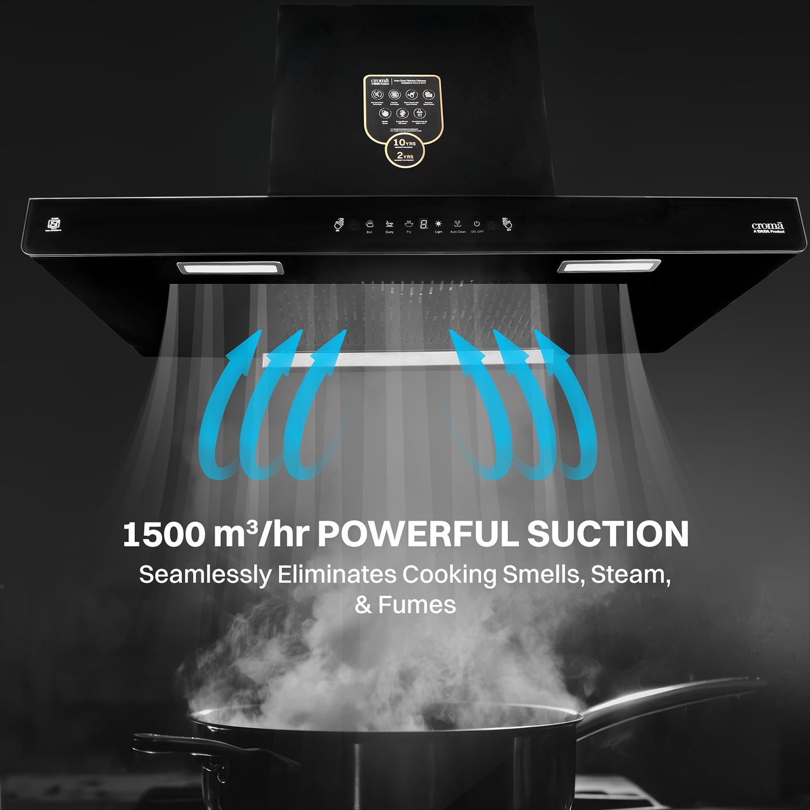 Croma AG1112 90cm 1500m3/hr Auto Clean Wall Mounted Chimney with Touch Control (Black) Croma AG1112 90cm 1500m3/hr Auto Clean Wall Mounted Chimney with Touch Control (Black)_5