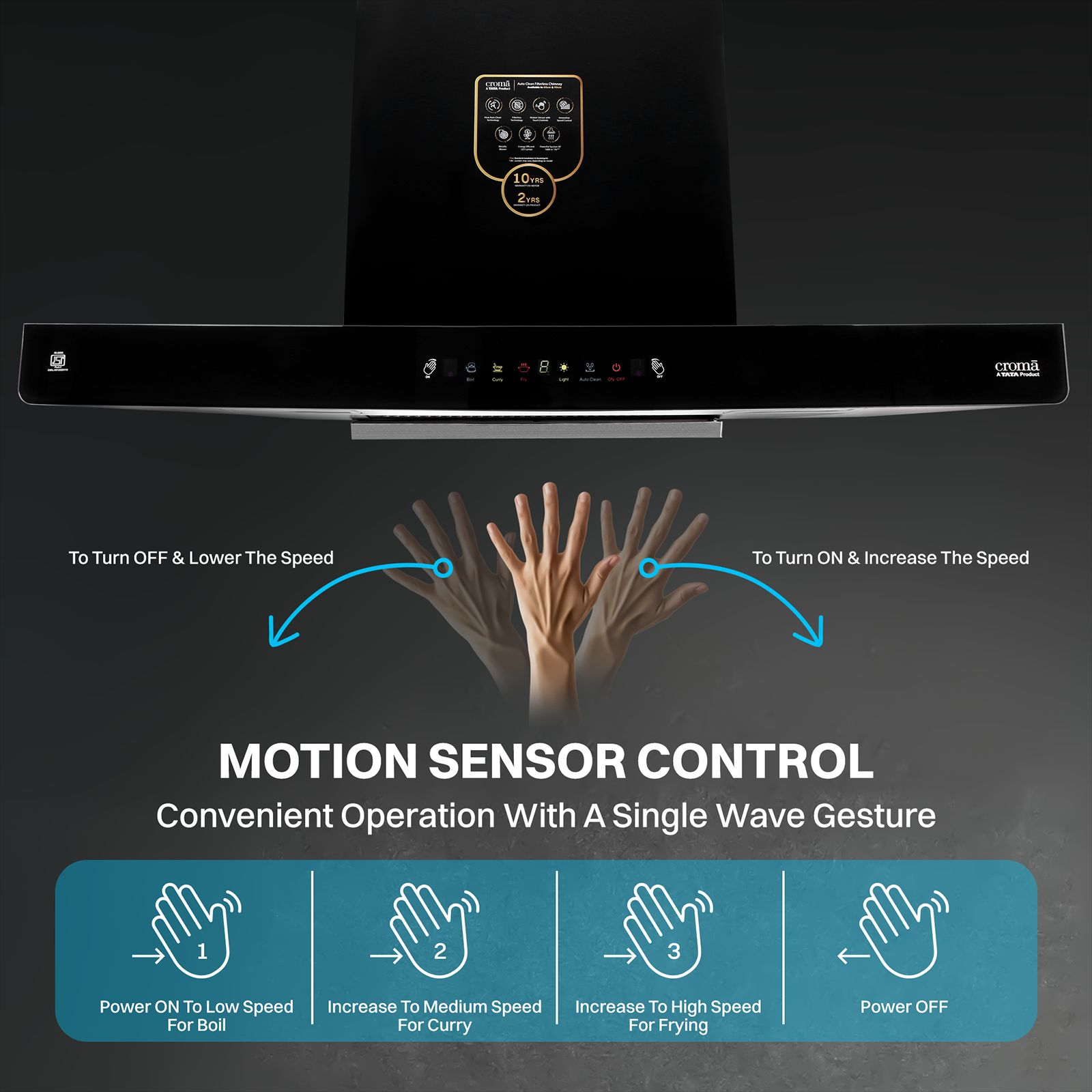 Croma AG1112 90cm 1500m3/hr Auto Clean Wall Mounted Chimney with Touch Control (Black) Croma AG1112 90cm 1500m3/hr Auto Clean Wall Mounted Chimney with Touch Control (Black)_7