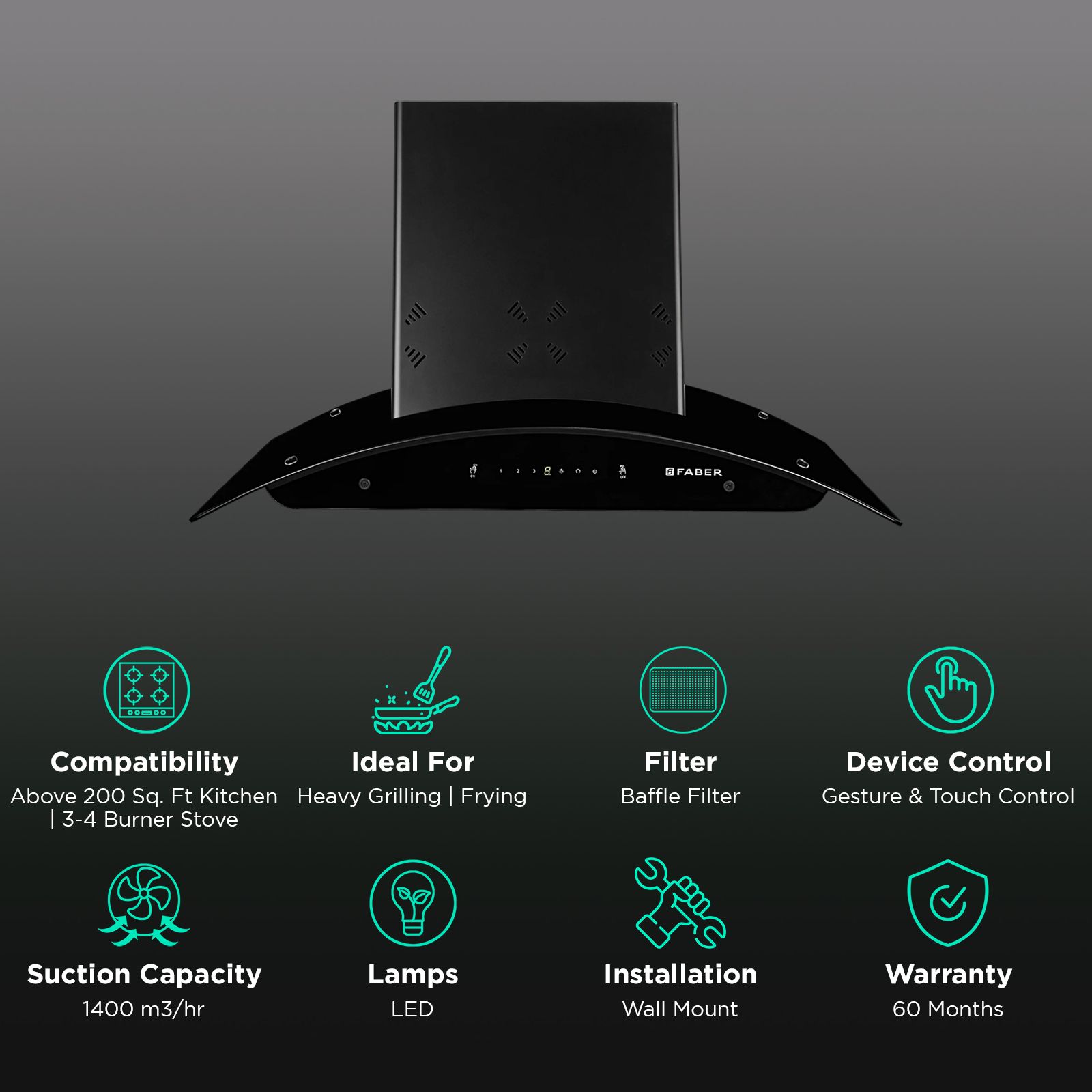 FABER ELLORA 3D IN HC SC BF BK 75 75cm 1400m3/hr Ducted Auto Clean Wall Mounted Chimney with Odor Sensing Technology (Black) FABER ELLORA 3D IN HC SC BF BK 75 75cm 1400m3/hr Ducted Auto Clean Wall Mounted Chimney with Odor Sensing Technology (Black)_3
