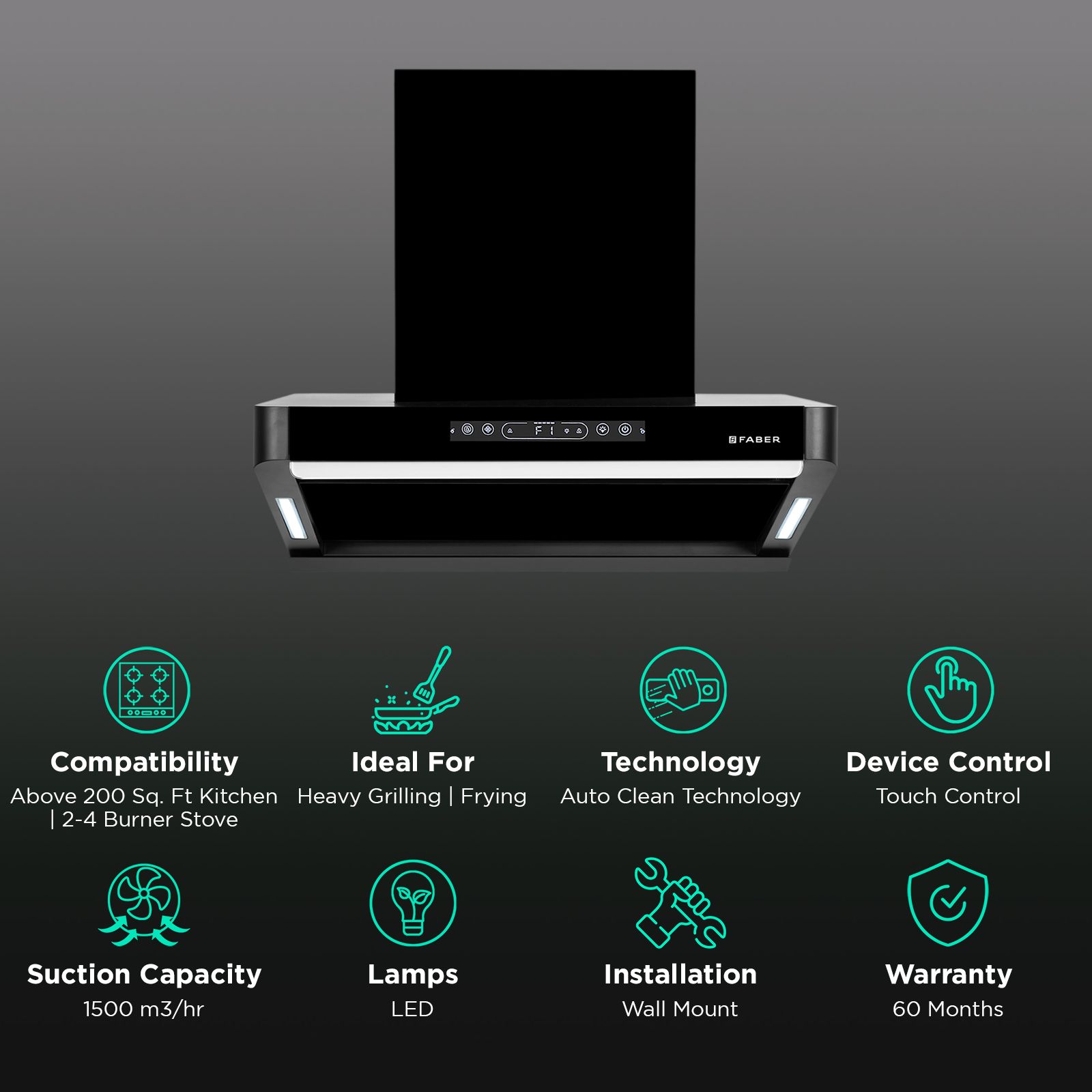 FABER PINNACLE FL HC BK 60 60cm 1500m3/hr Ducted Auto Clean Wall Mounted Chimney with Touch and Gesture Control (Black)_3