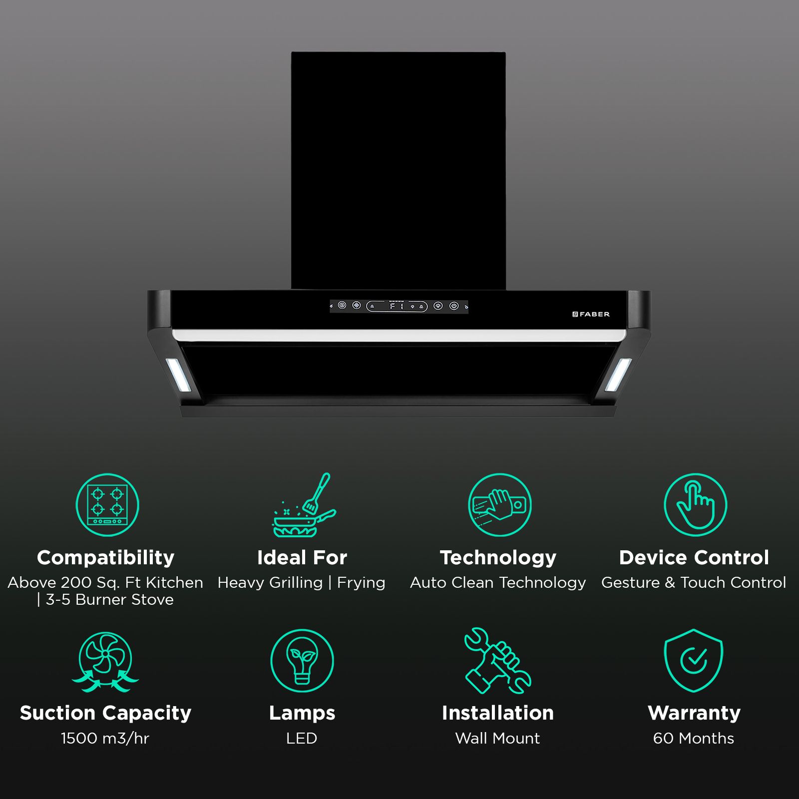 FABER PINNACLE FL HC BK 90 90cm 1500m3/hr Ducted Auto Clean Wall Mounted Chimney with Touch and Gesture Control (Black) FABER PINNACLE FL HC BK 90 90cm 1500m3/hr Ducted Auto Clean Wall Mounted Chimney with Touch and Gesture Control (Black)_3