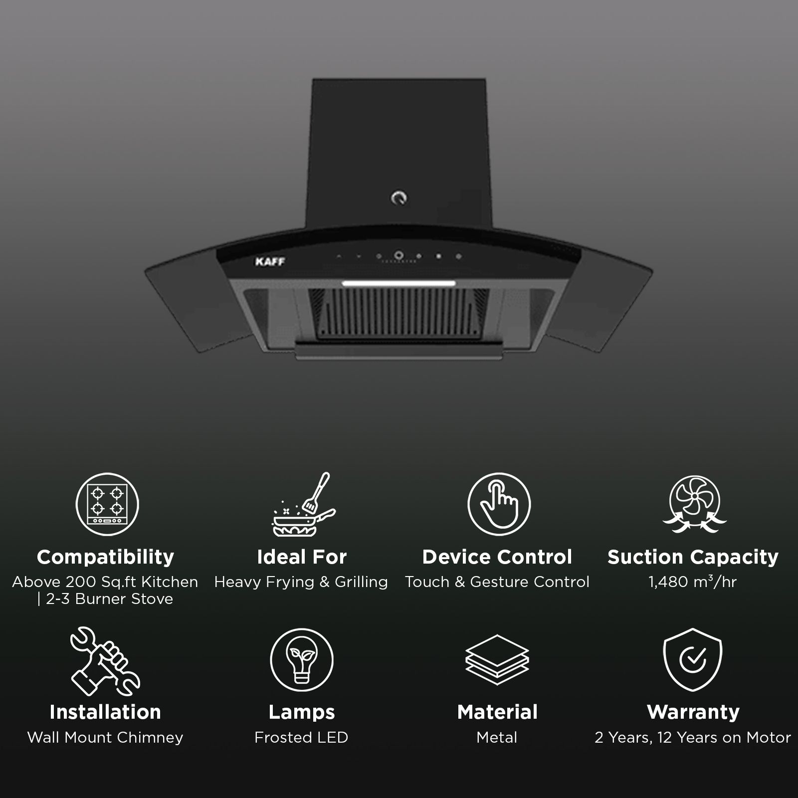 KAFF VASCO DC 60cm 1480m3/hr Ducted Auto Clean Wall Mounted Chimney with Gesture Control (Matte Black) KAFF VASCO DC 60cm 1480m3/hr Ducted Auto Clean Wall Mounted Chimney with Gesture Control (Matte Black)_2