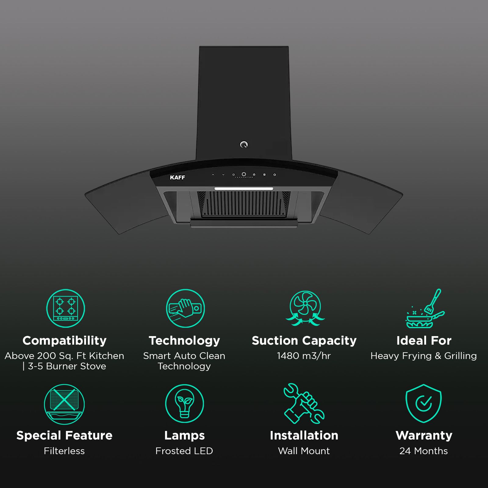 KAFF VASCO DC 90cm 1480m3/hr Ducted Auto Clean Wall Mounted Chimney with Gesture Control (Black) KAFF VASCO DC 90cm 1480m3/hr Ducted Auto Clean Wall Mounted Chimney with Gesture Control (Black)_3